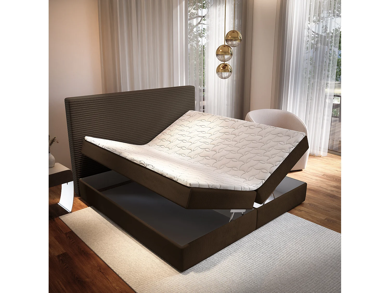 Lit continental GIARRO, 160x200 cm, Tissu pelucheux, Marron