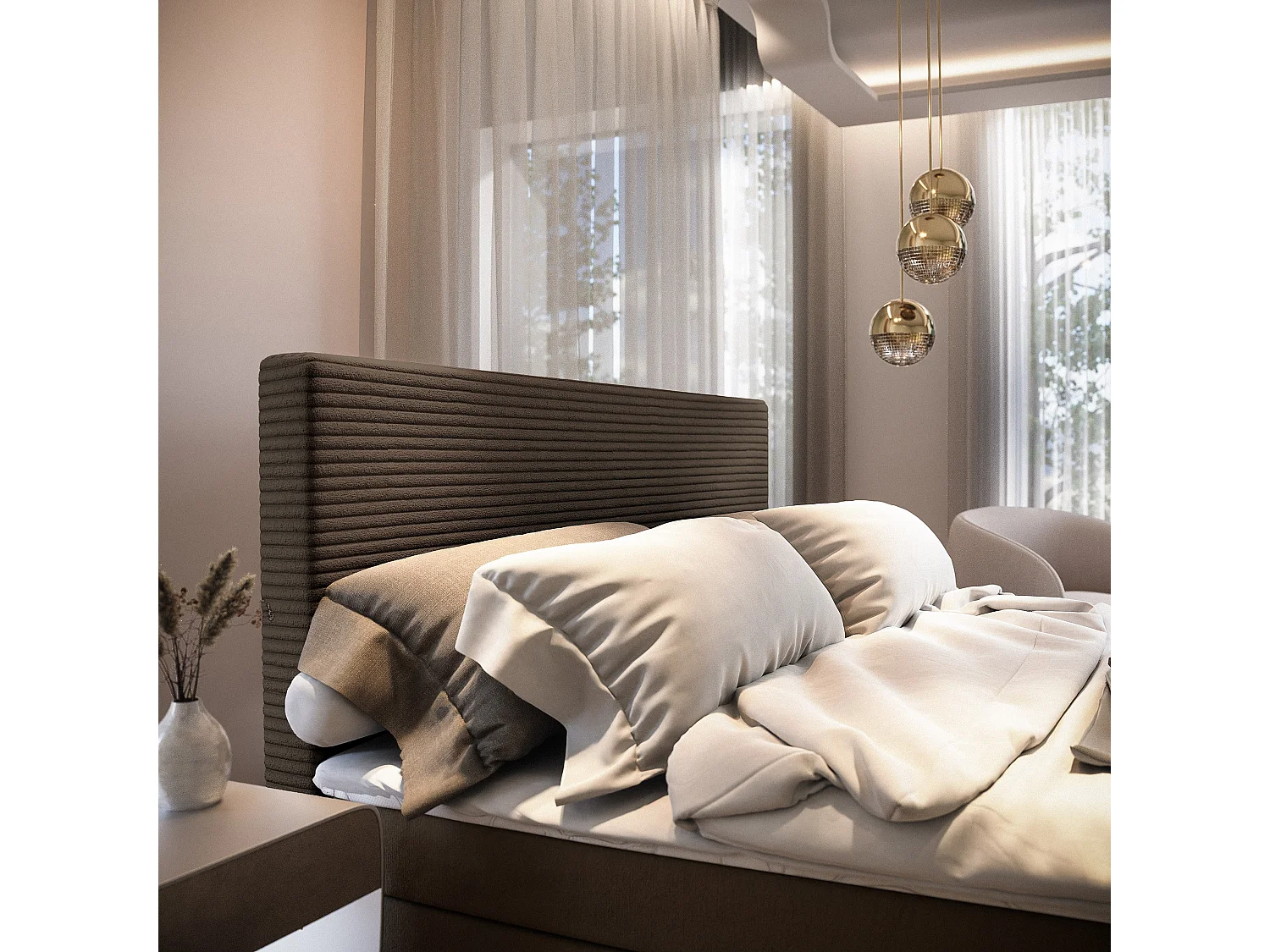 Lit continental GIARRO, 160x200 cm, Tissu pelucheux, Marron