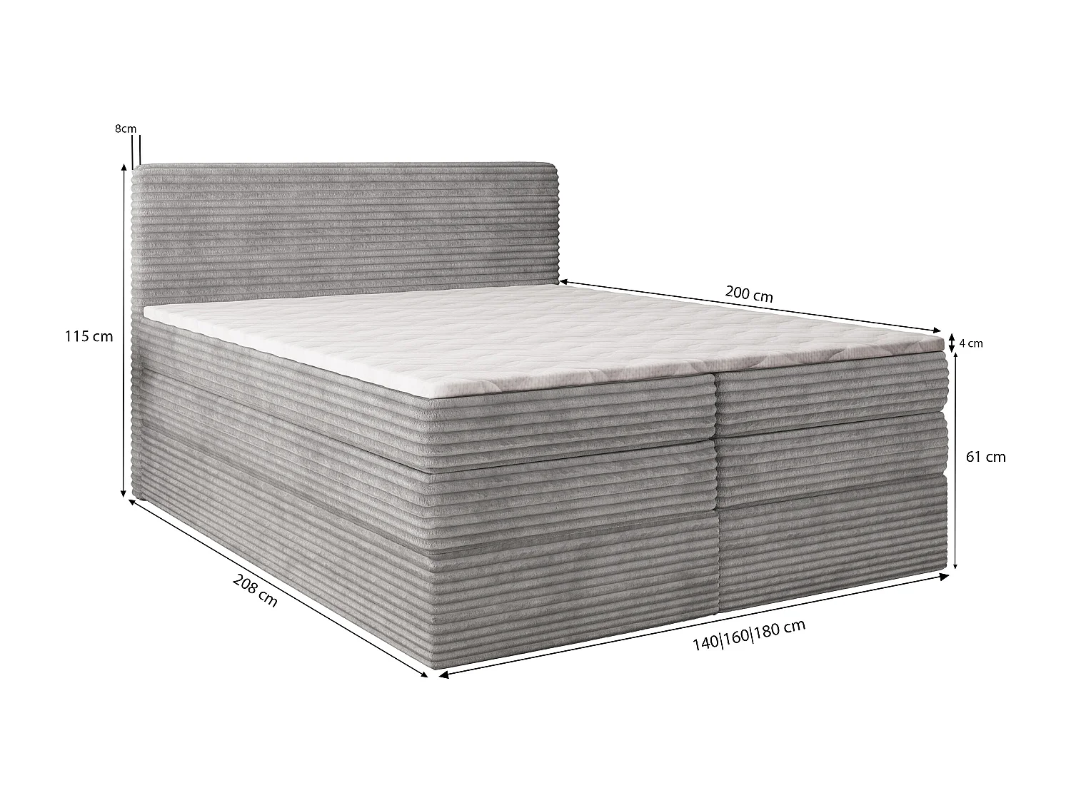 Boxspringbed LUNERA 140x200 cm Set met hoofdbord, bedbodem en matras, Lichtgrijs
