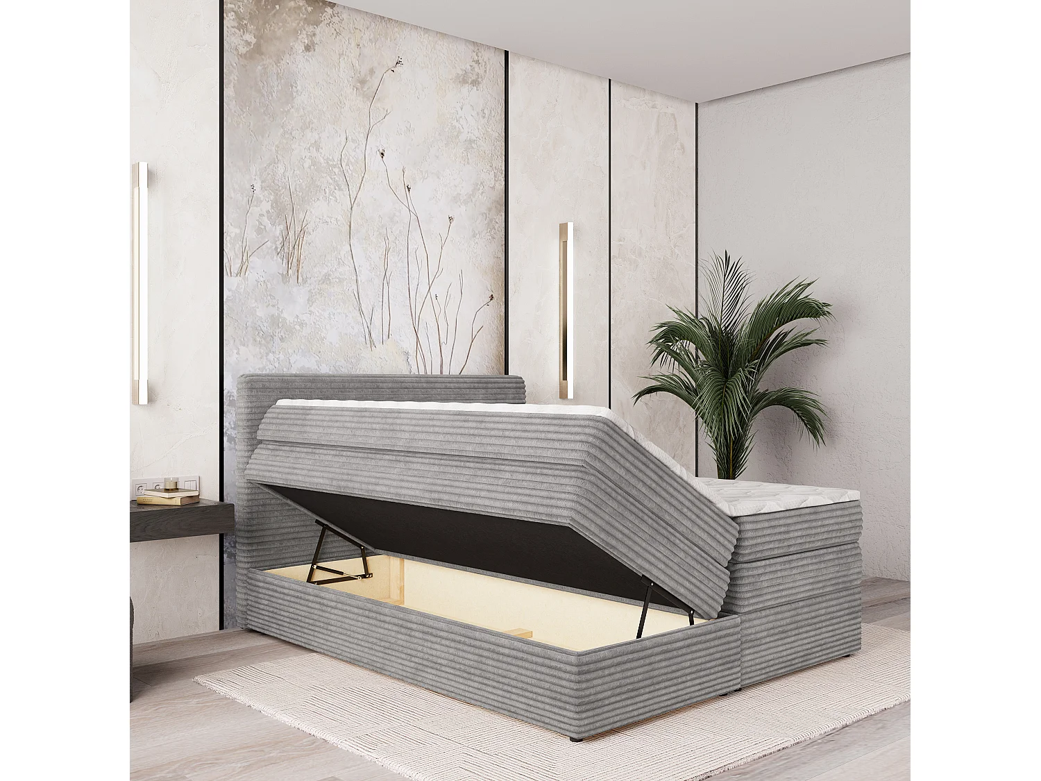 Boxspringbed LUNERA 140x200 cm Set met hoofdbord, bedbodem en matras, Lichtgrijs