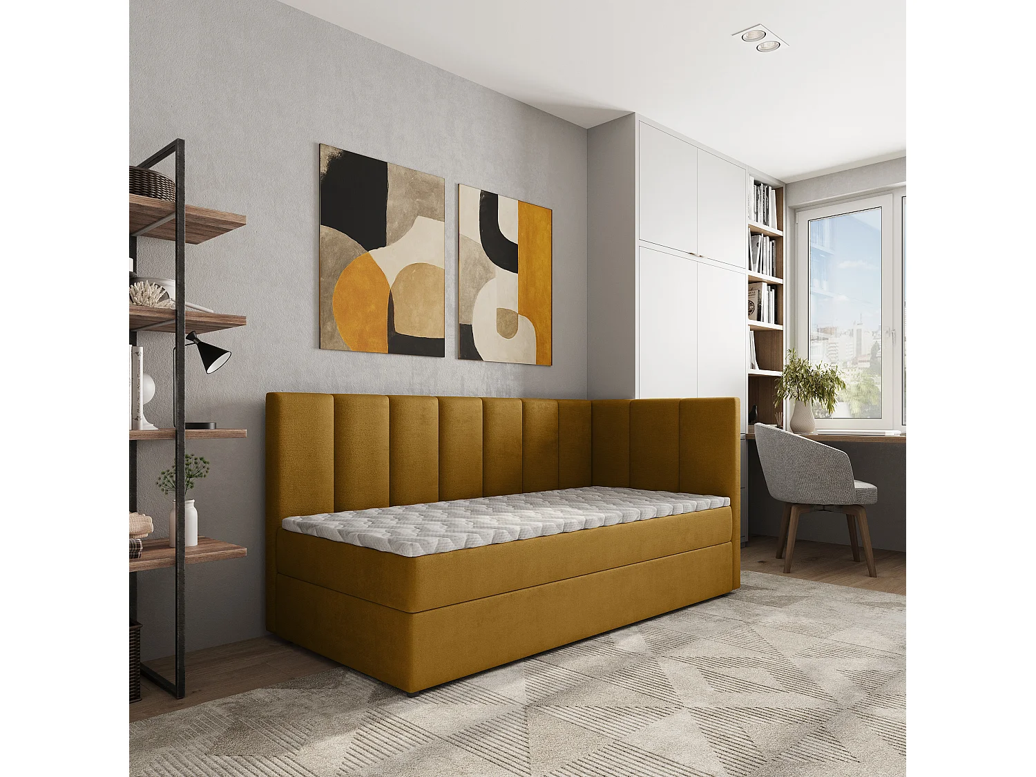 Boxspringbed BEVE 100x200 cm Set met hoofdbord, bedbodem en matras, Geel