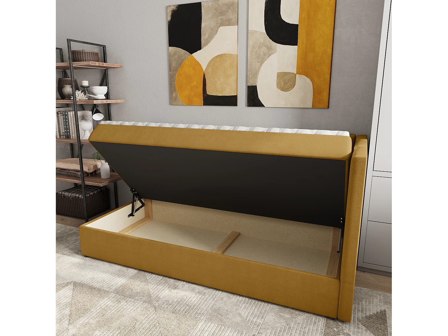 Boxspringbed BEVE 100x200 cm Set met hoofdbord, bedbodem en matras, Geel