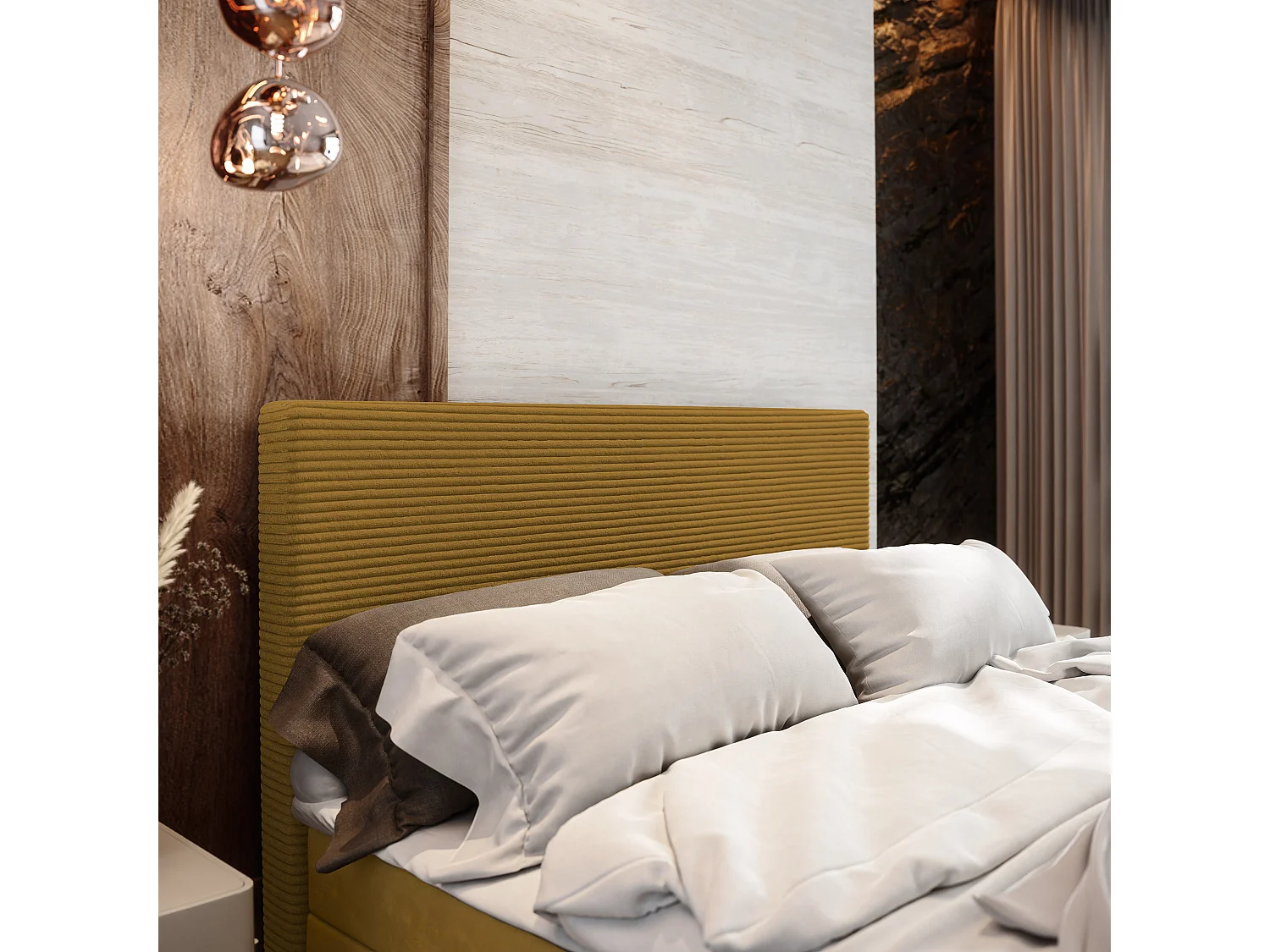 Lit continental ALORIA, 140x200 cm, Tissu pelucheux, Jaune