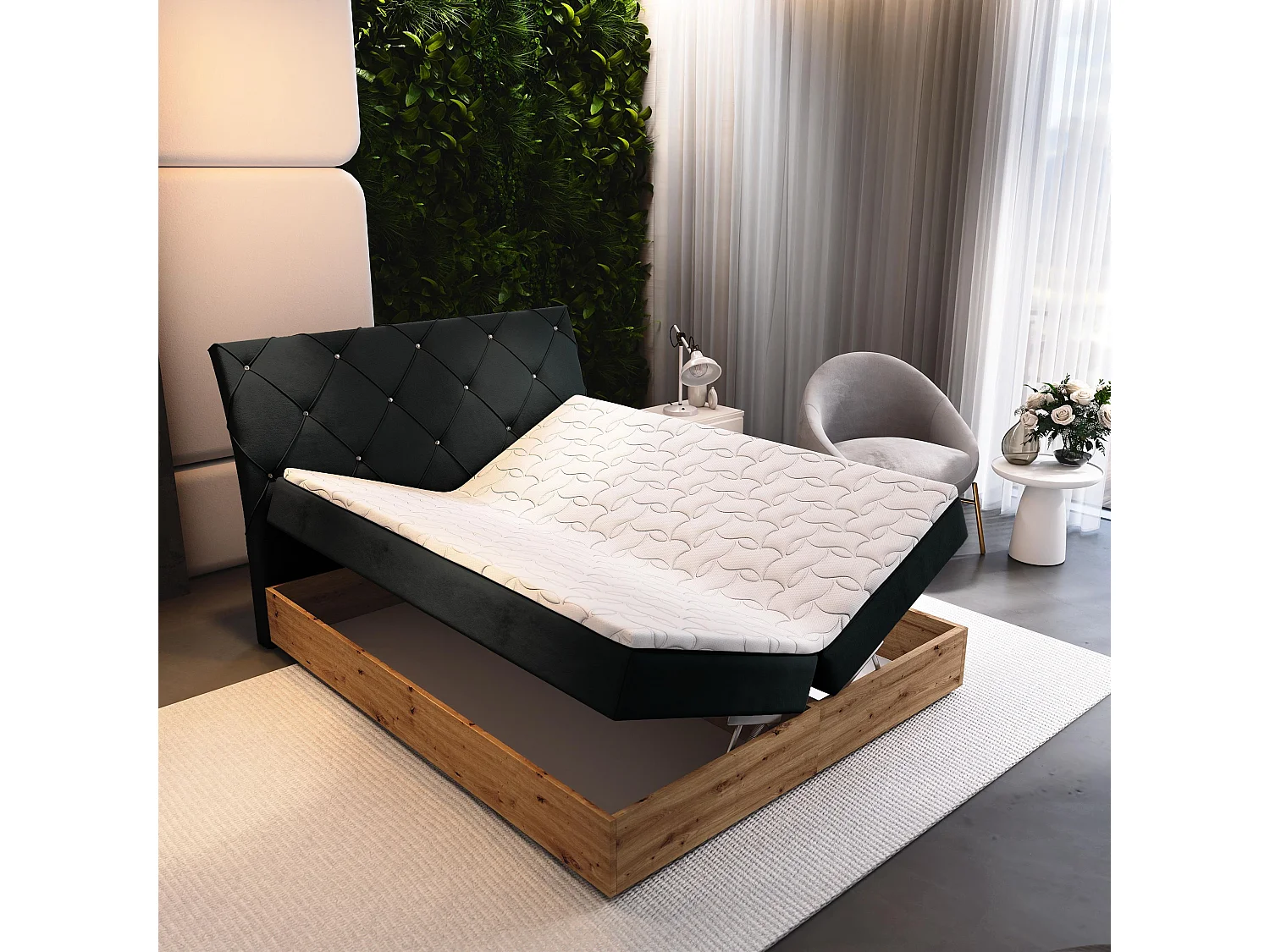 Boxspringbed VELLANO 180x200 cm Set met hoofdbord, bedbodem en matras, Zwart