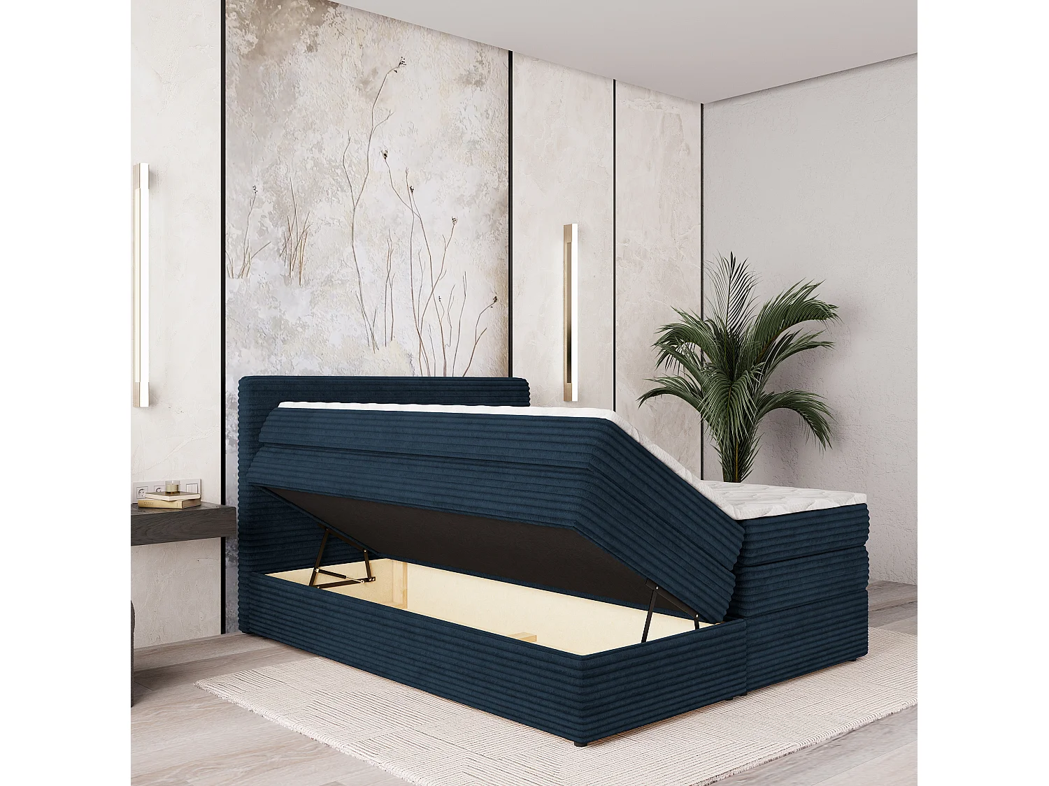 Boxspringbed LUNERA 160x200 cm Set met hoofdbord, bedbodem en matras, Blauw