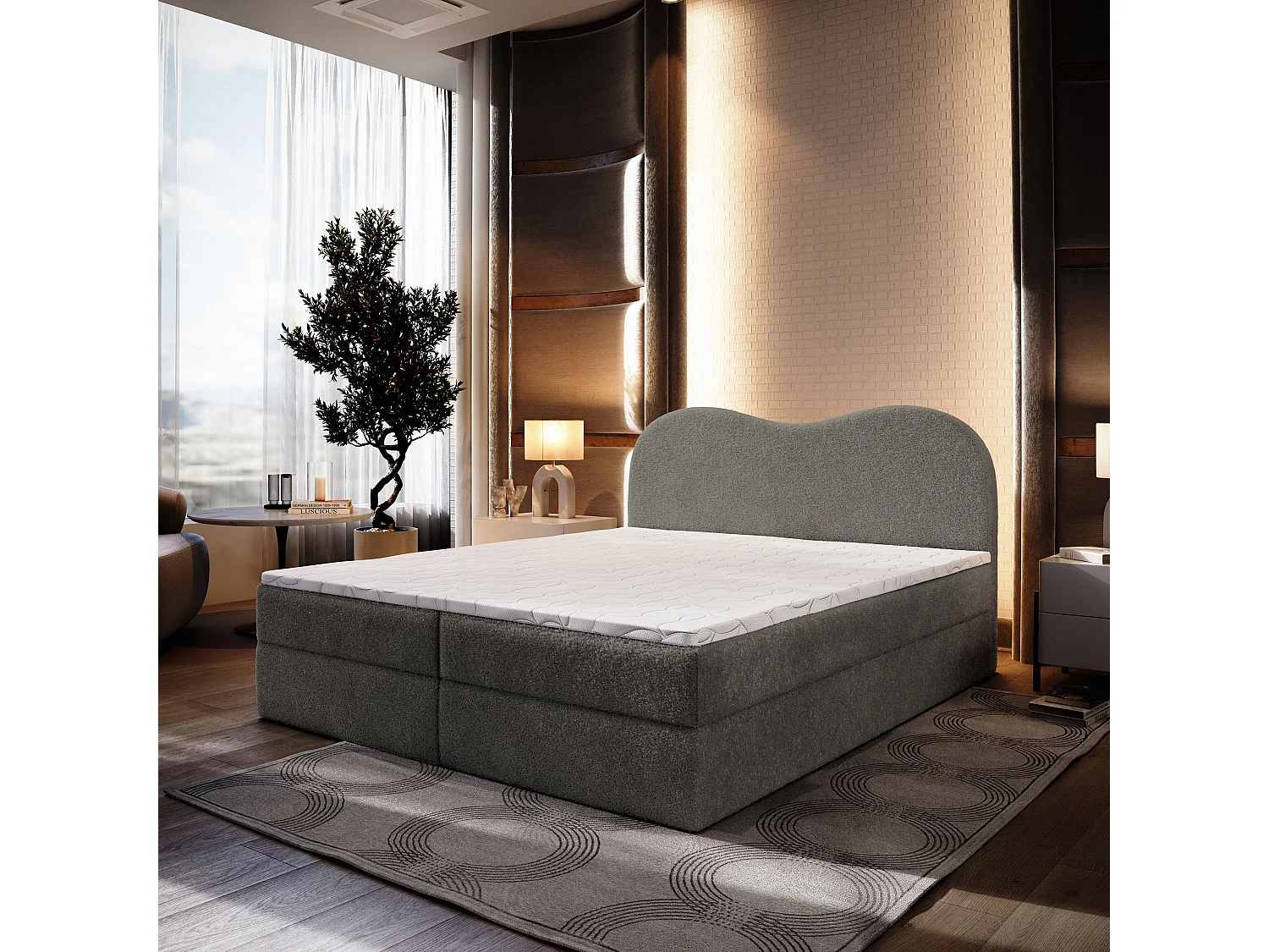 Lit continental FLUVIA, 180x200 cm, Tissu bouclé, Gris