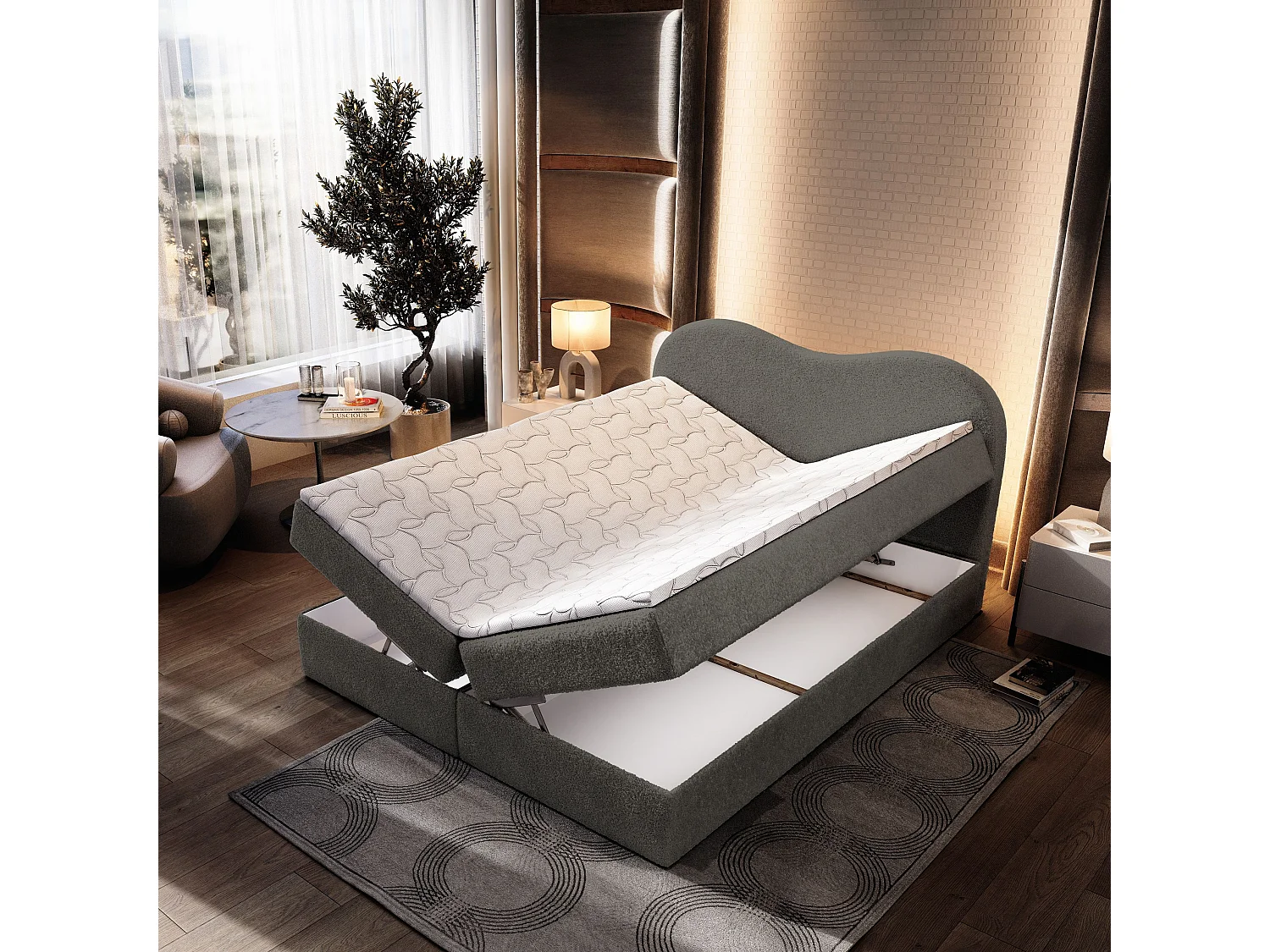 Lit continental FLUVIA, 180x200 cm, Tissu bouclé, Gris