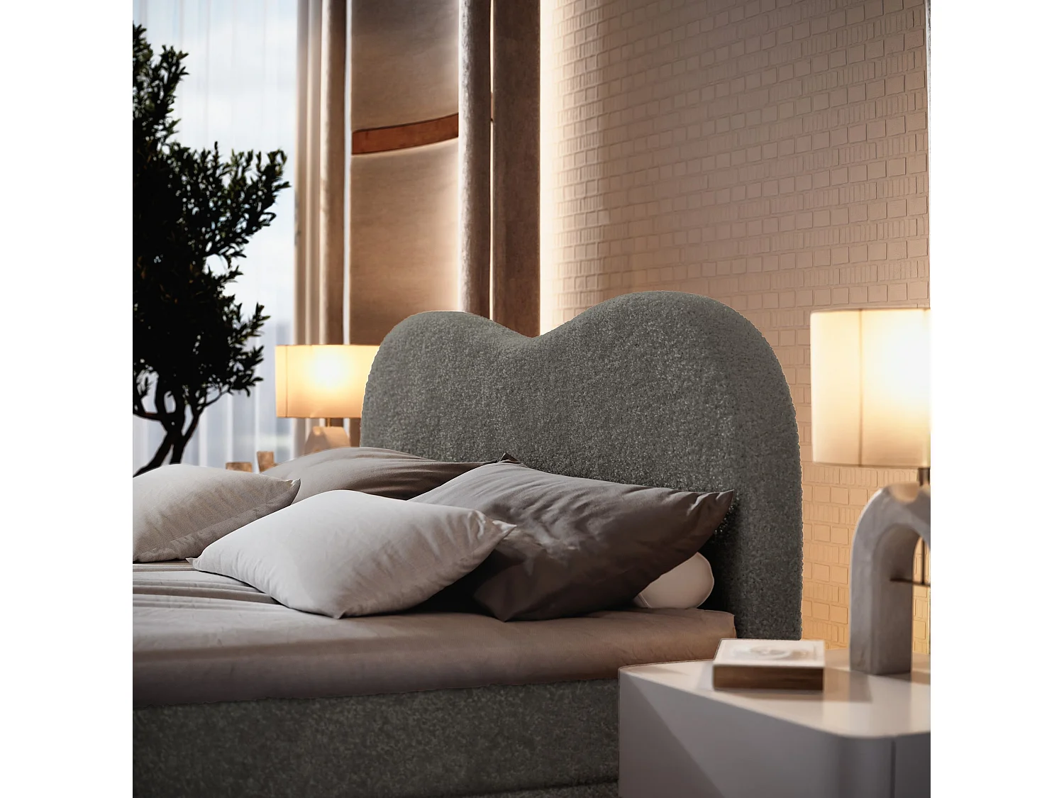 Lit continental FLUVIA, 180x200 cm, Tissu bouclé, Gris