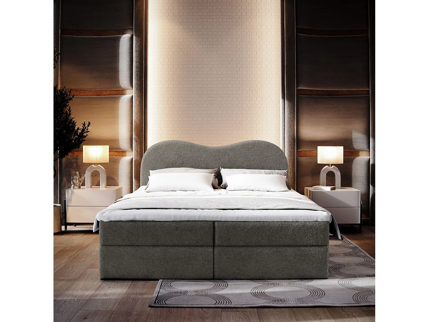 Lit continental FLUVIA, 180x200 cm, Tissu bouclé, Gris
