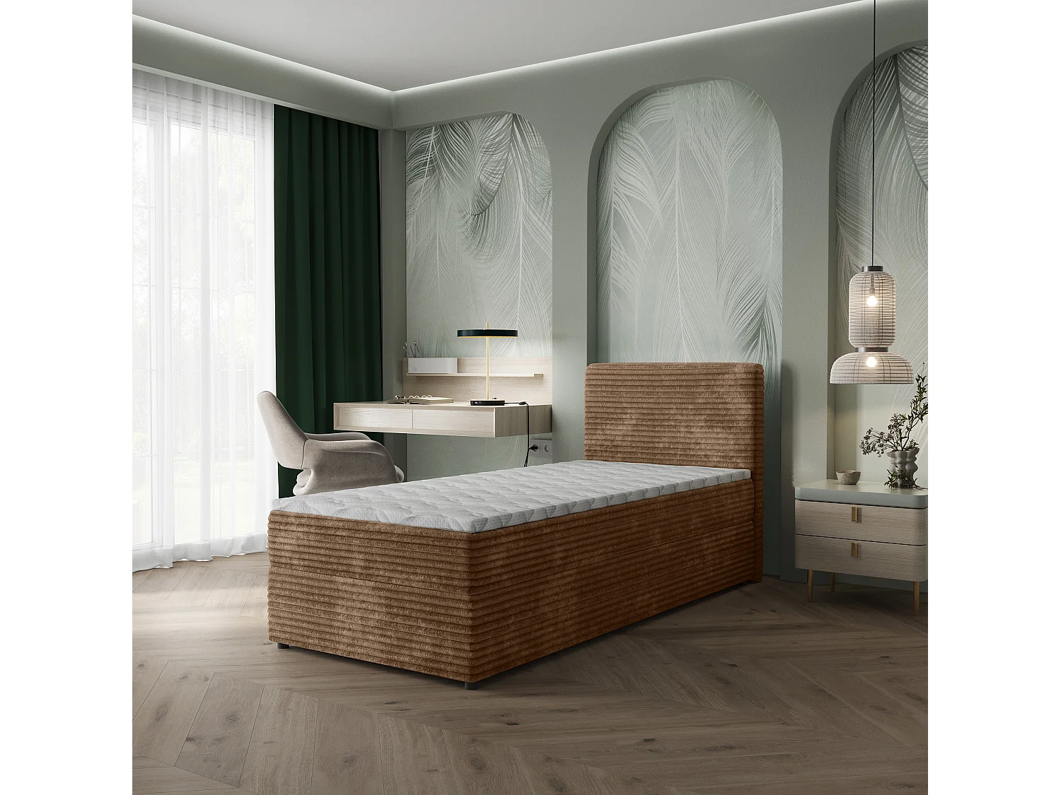 Boxspringbed PISA 90x200 cm Set met hoofdbord, bedbodem en matras, Beige