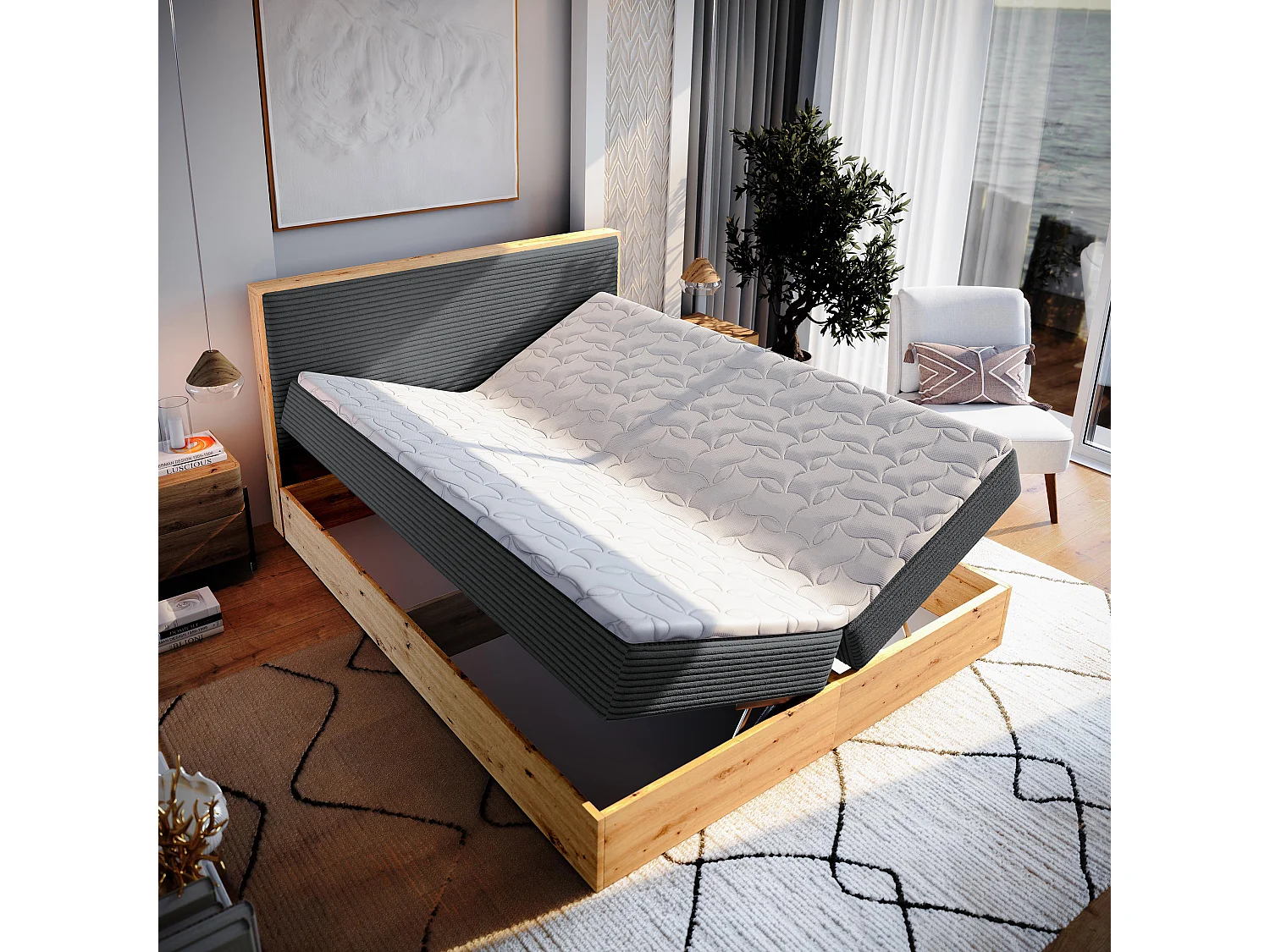 Boxspringbed VERDON 140x200 cm Set met hoofdbord, bedbodem en matras, Antracietgrijs