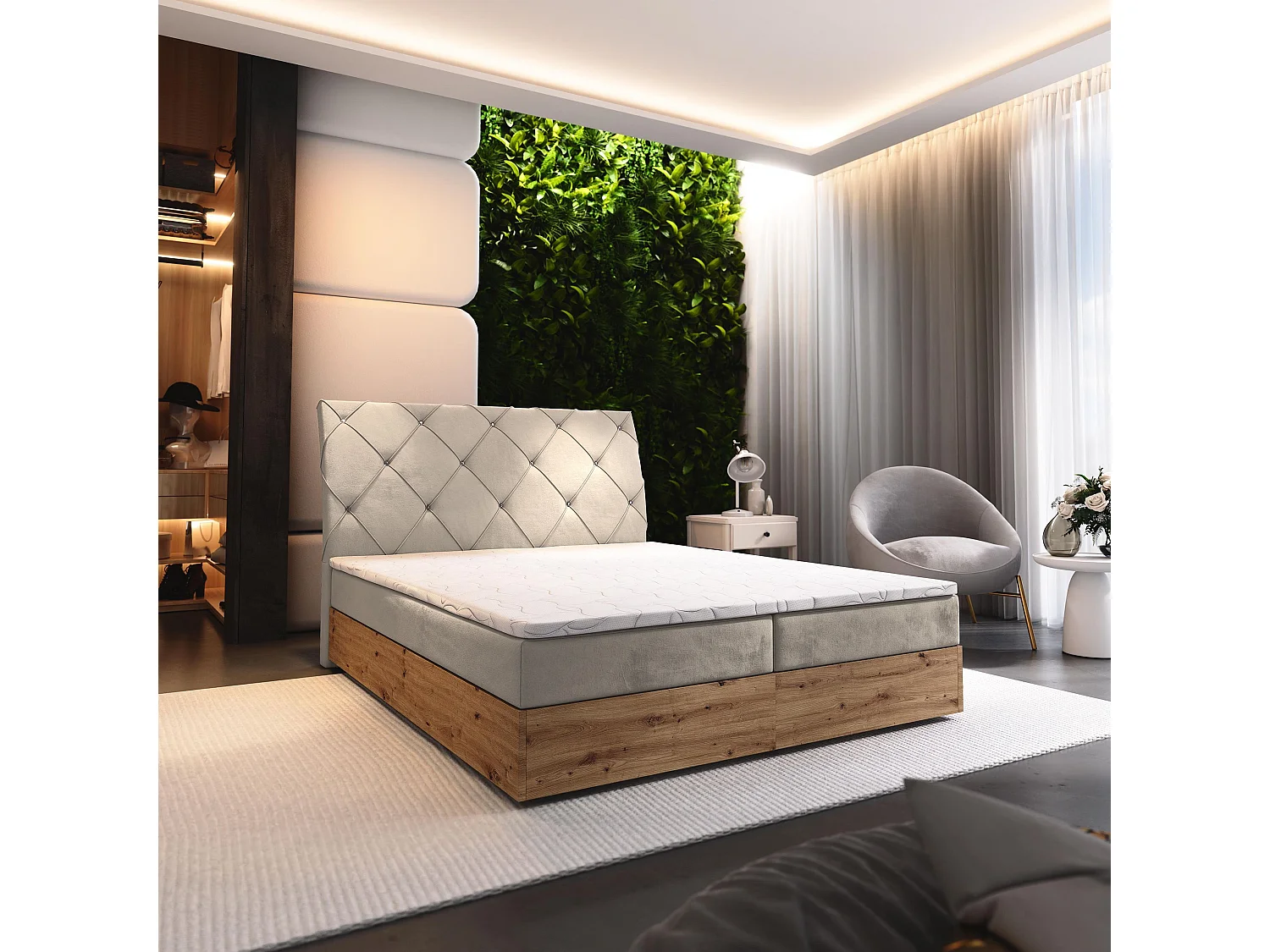 Lit continental VELLANO, 160x200 cm, Tissu pelucheux, Beige
