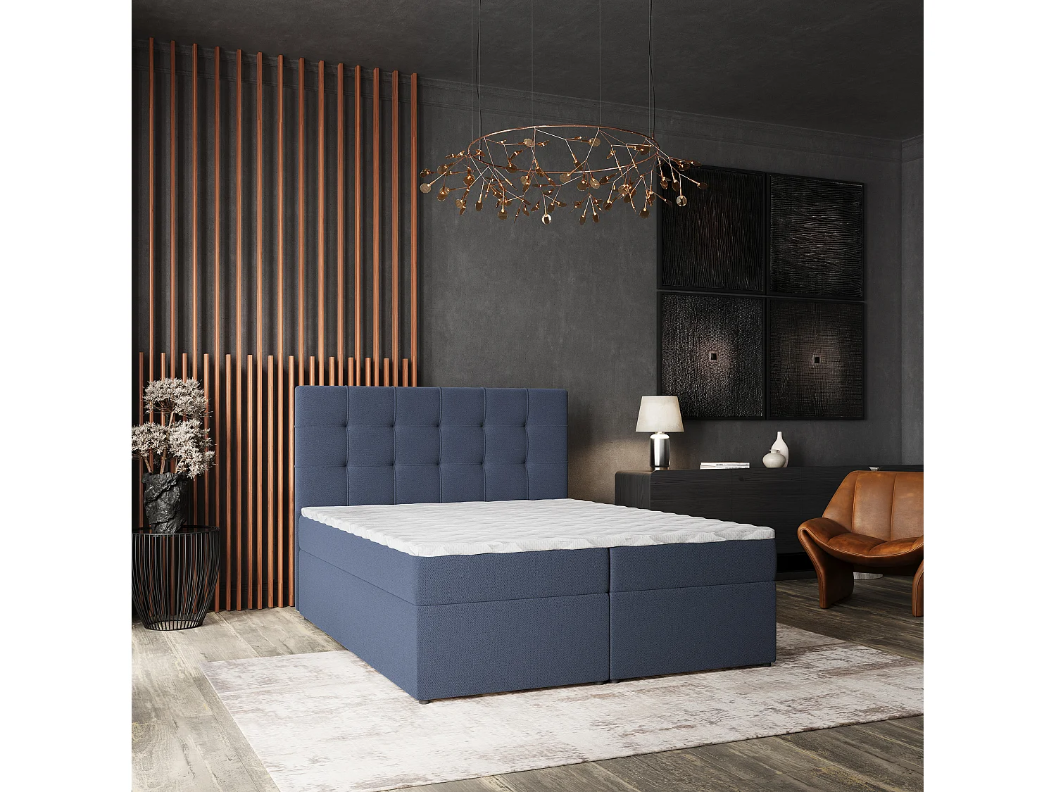 Lit continental PALMA, 140x200 cm, Tissu tressé, Bleu
