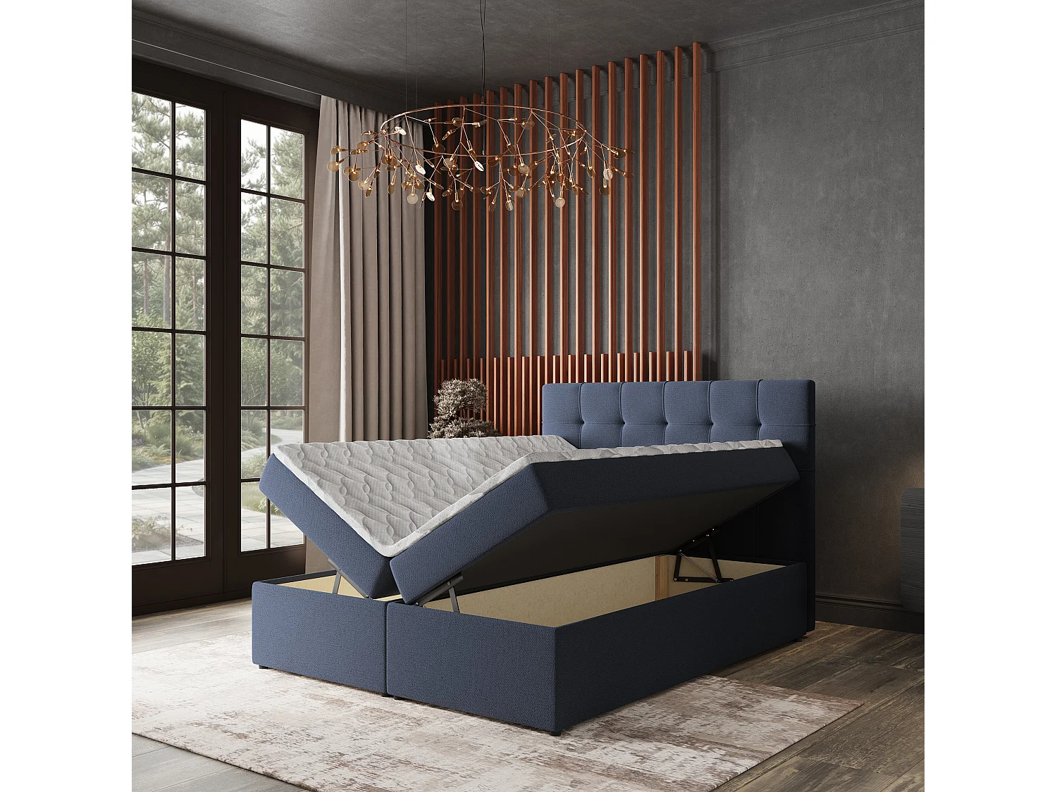 Lit continental PALMA, 140x200 cm, Tissu tressé, Bleu