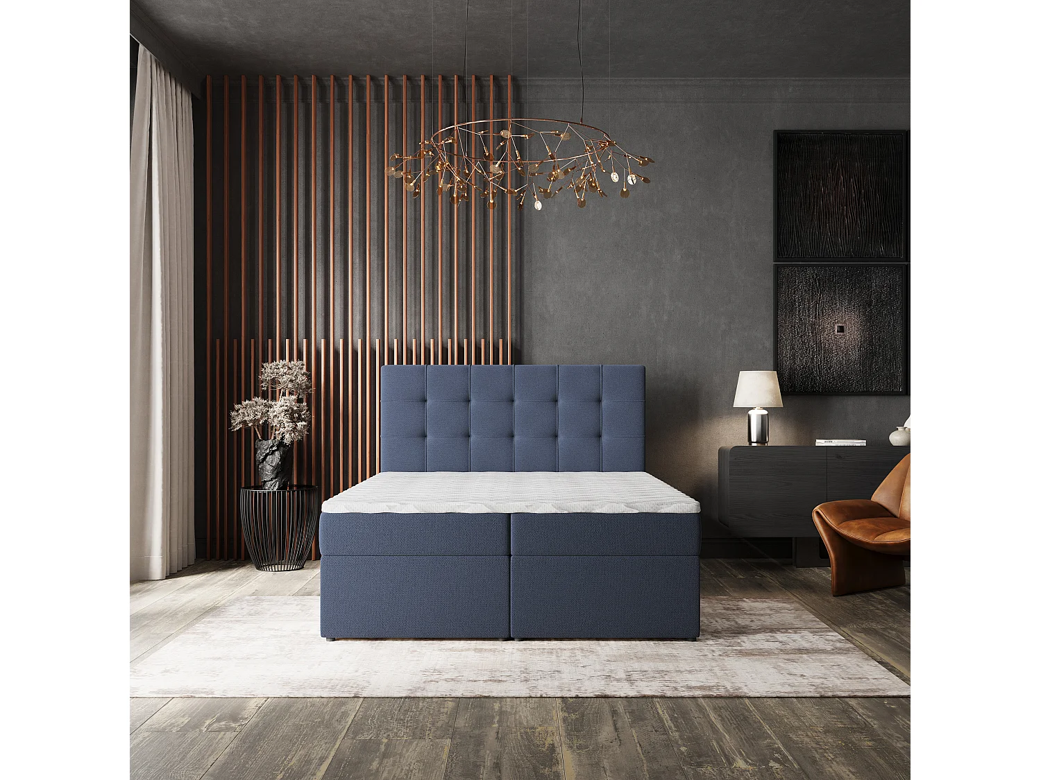 Lit continental PALMA, 140x200 cm, Tissu tressé, Bleu