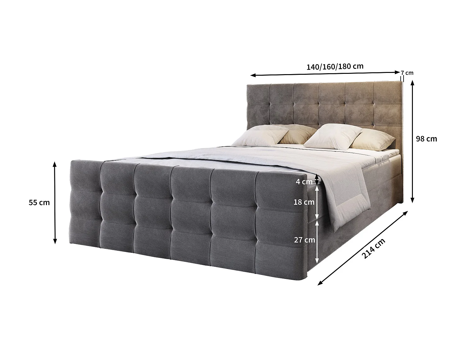 Boxspringbed AMON 160x200 cm Set met hoofdbord, bedbodem en matras, Grijs