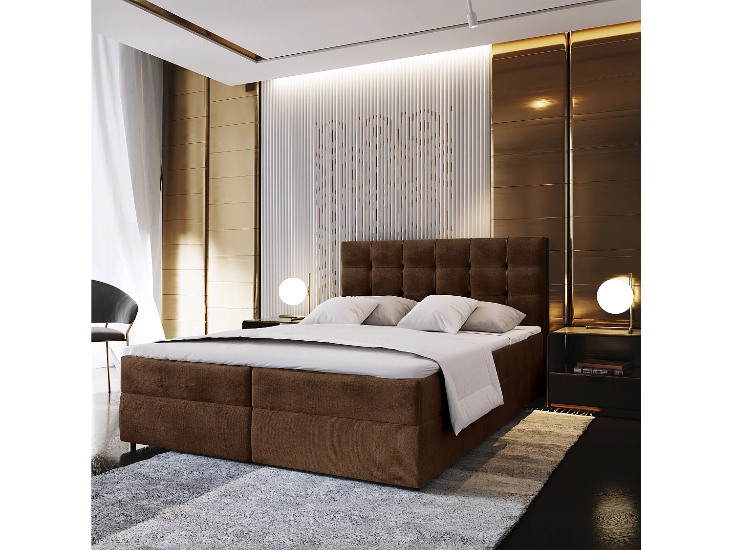 Lit continental GLOS, 160x200 cm, Tissu pelucheux, Marron
