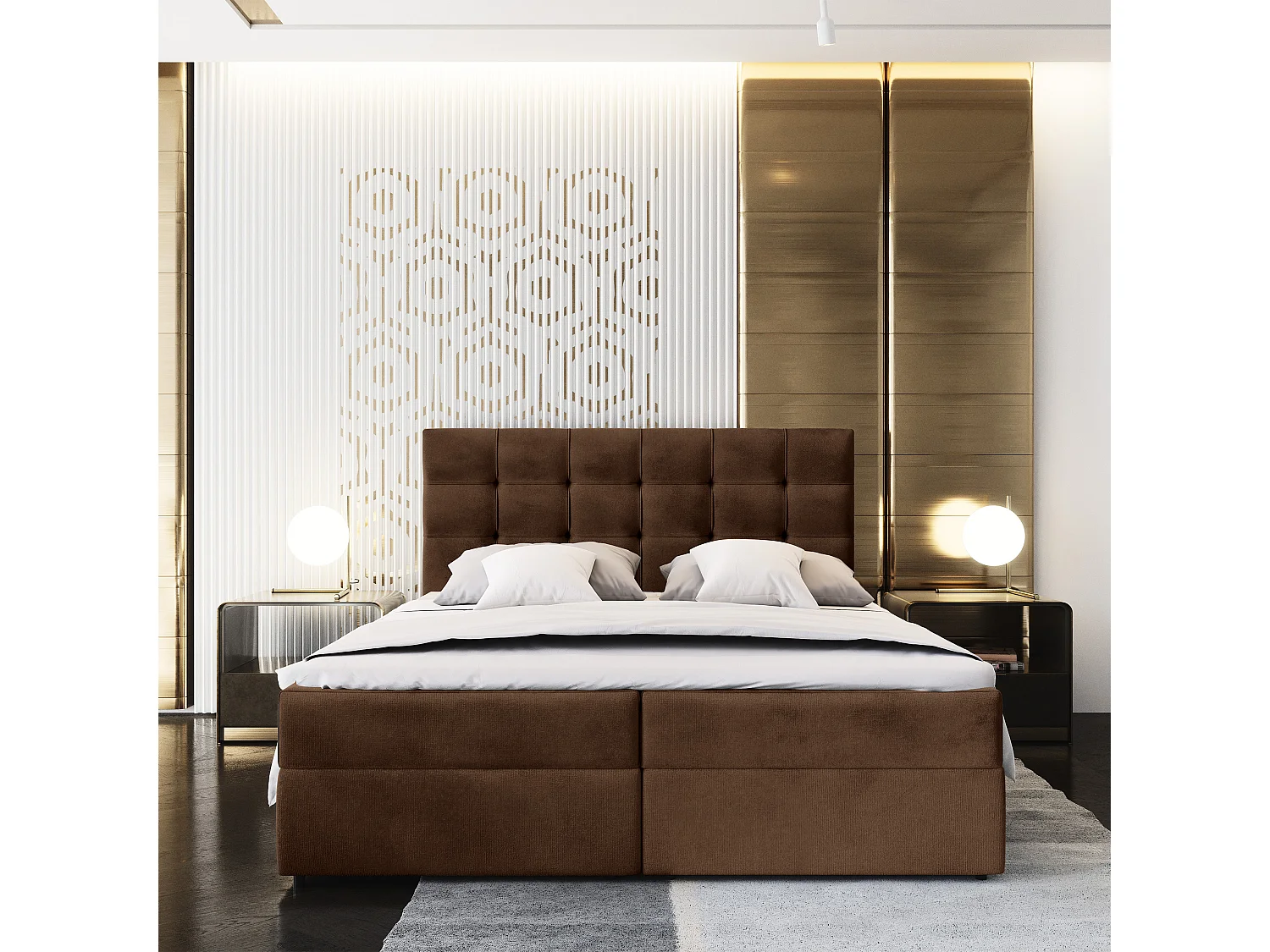 Lit continental GLOS, 160x200 cm, Tissu pelucheux, Marron