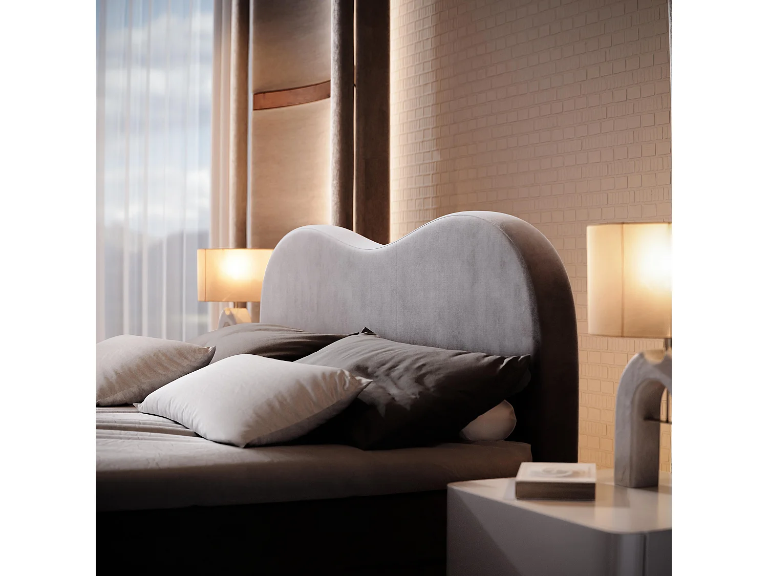 Lit continental FLUVIA, 160x200 cm, Tissu velours, Gris