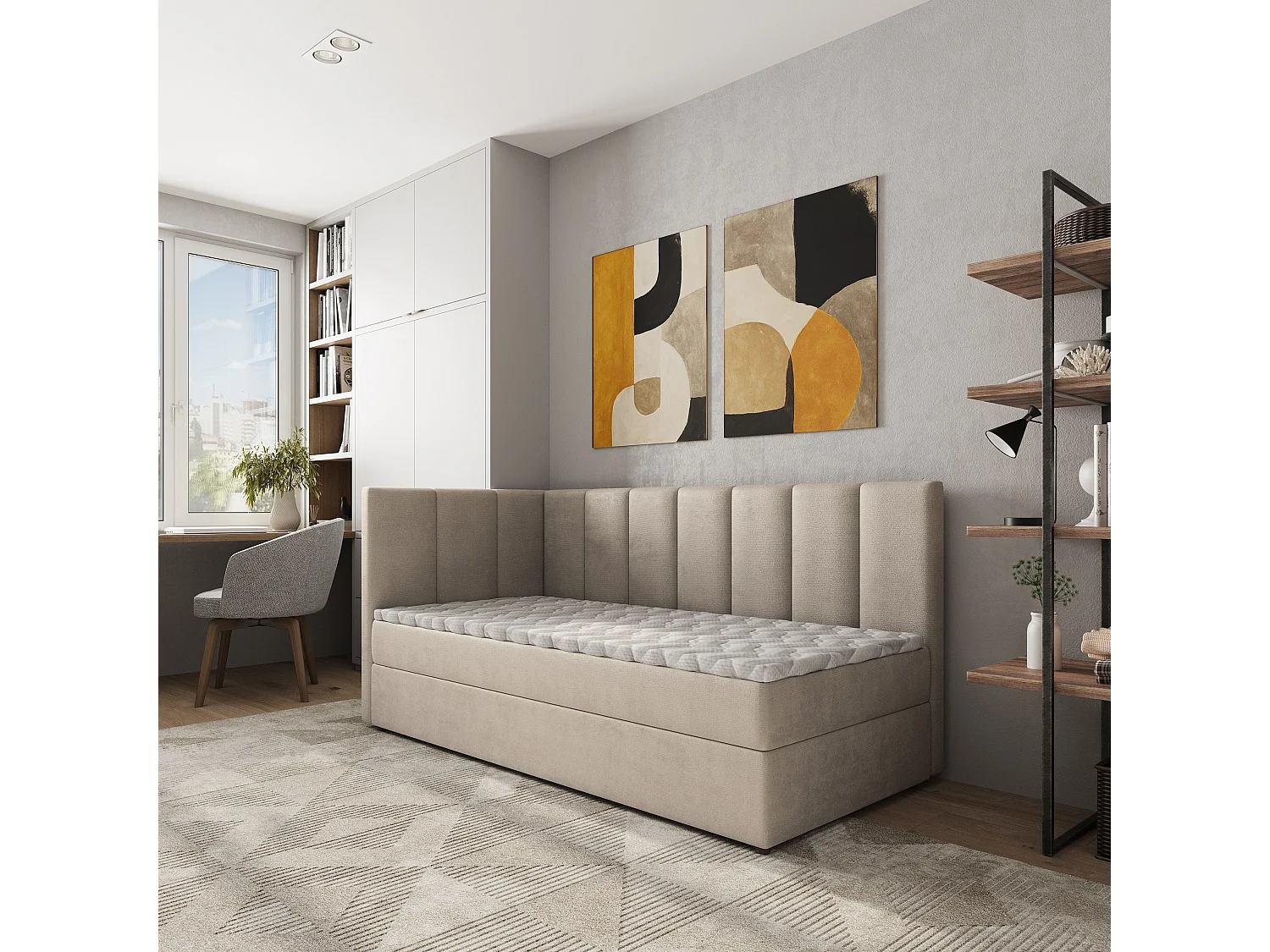 Boxspringbed BEVE 100x200 cm Set met hoofdbord, bedbodem en matras, Beige