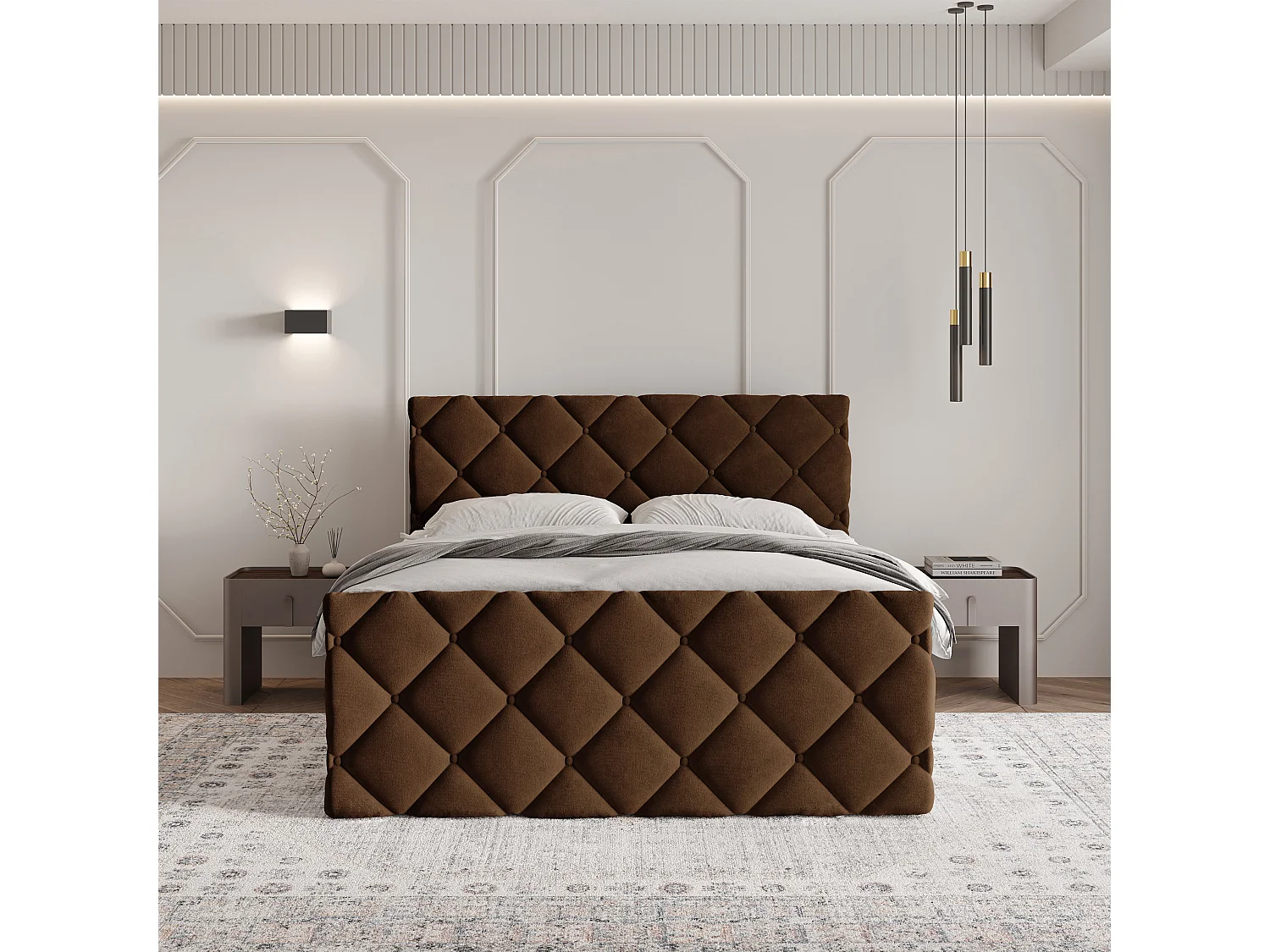Lit continental ROVARI, 180x200 cm, Tissu pelucheux, Marron
