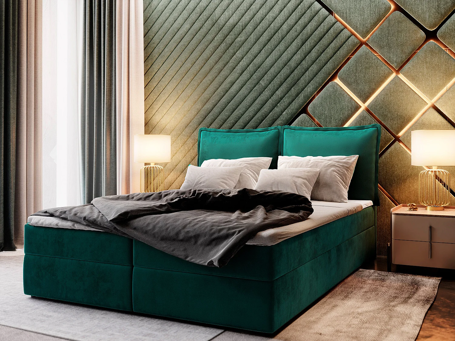 Lit continental LENTE, 160x200 cm, Tissu velours, Vert