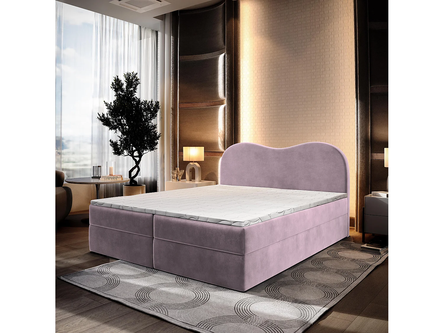 Lit continental FLUVIA, 180x200 cm, Tissu velours, Violet