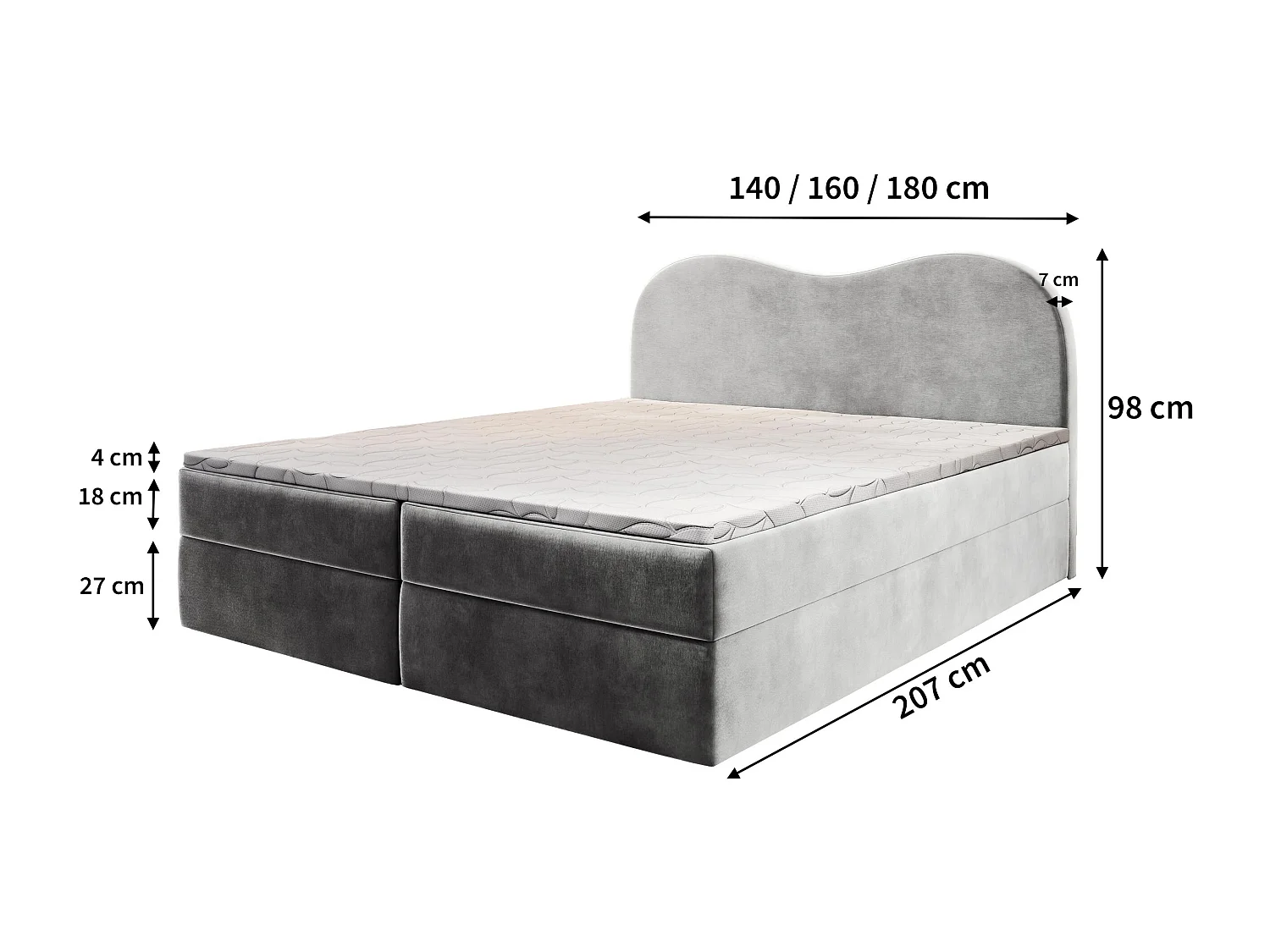 Lit continental FLUVIA, 180x200 cm, Tissu velours, Violet