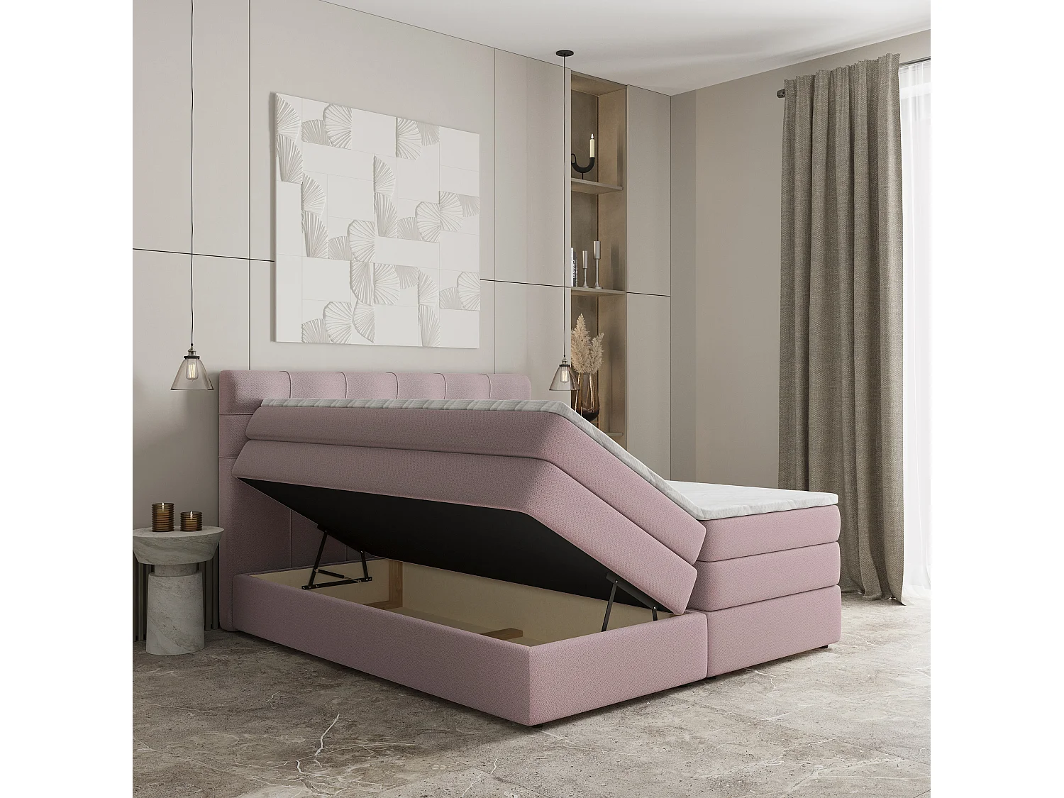 Lit continental AREZI, 140x200 cm, Tissu tressé, Rose