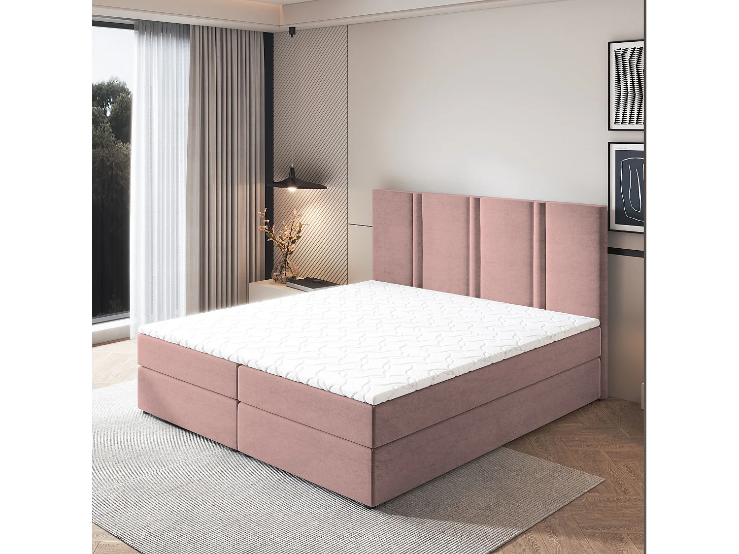 Lit continental LARIO, 140x200 cm, Tissu pelucheux, Rose