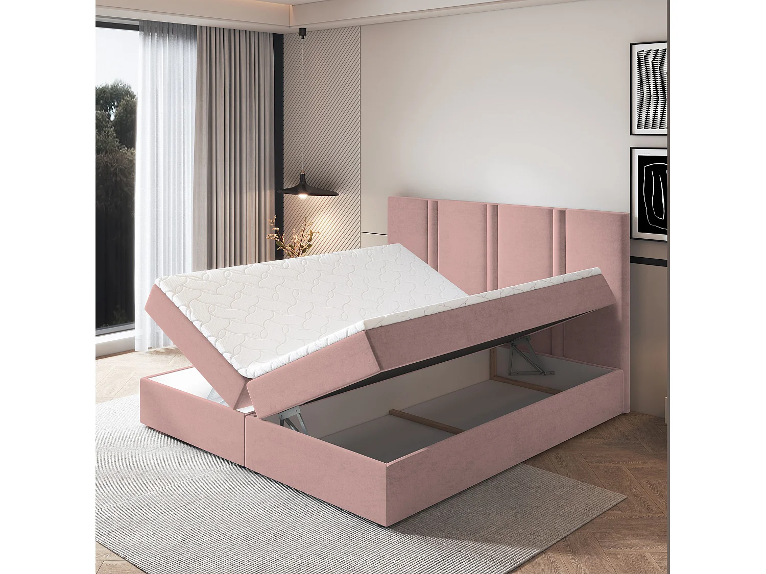 Lit continental LARIO, 140x200 cm, Tissu pelucheux, Rose