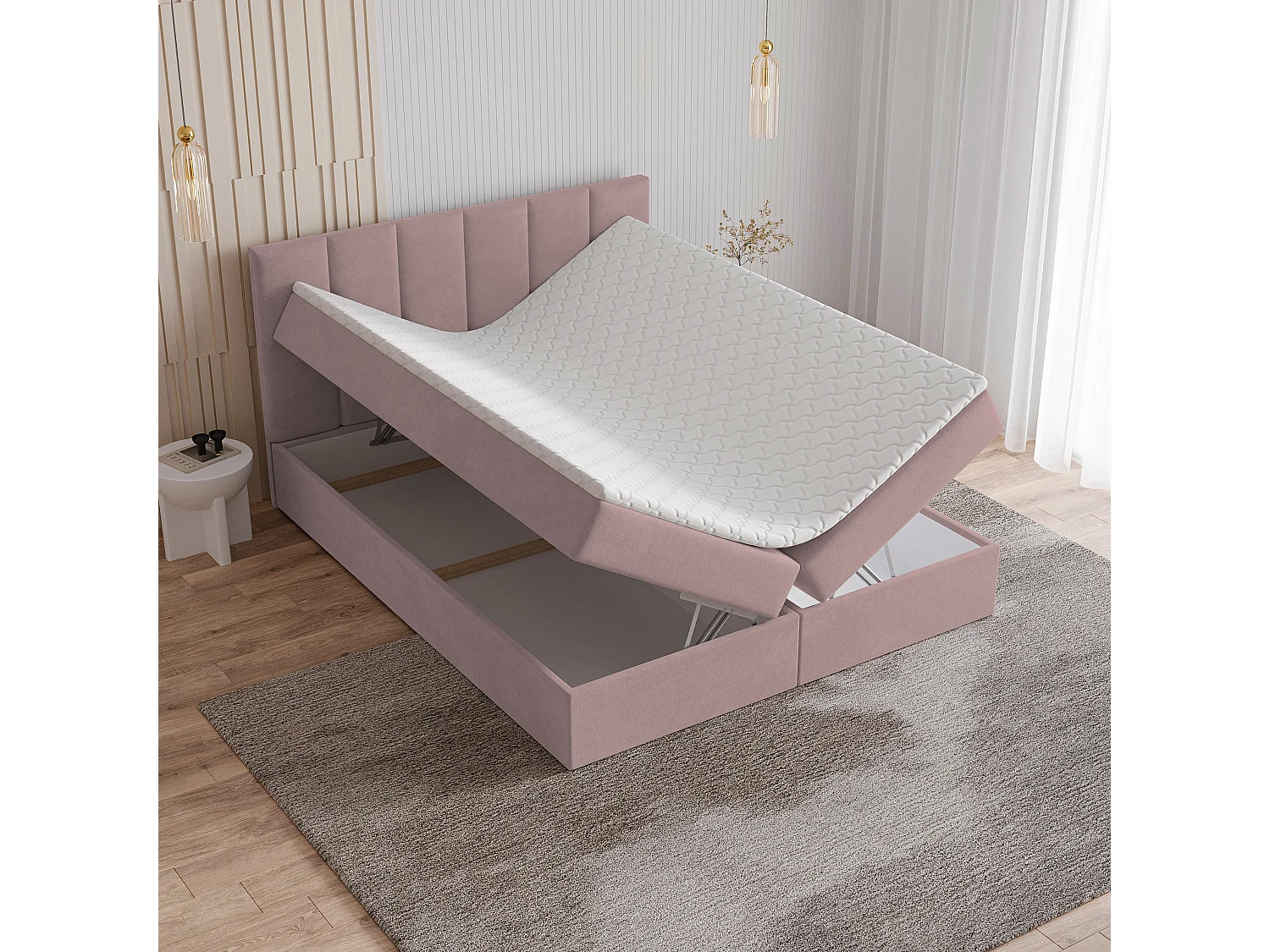 Lit continental MERIL, 160x200 cm, Tissu pelucheux, Rose