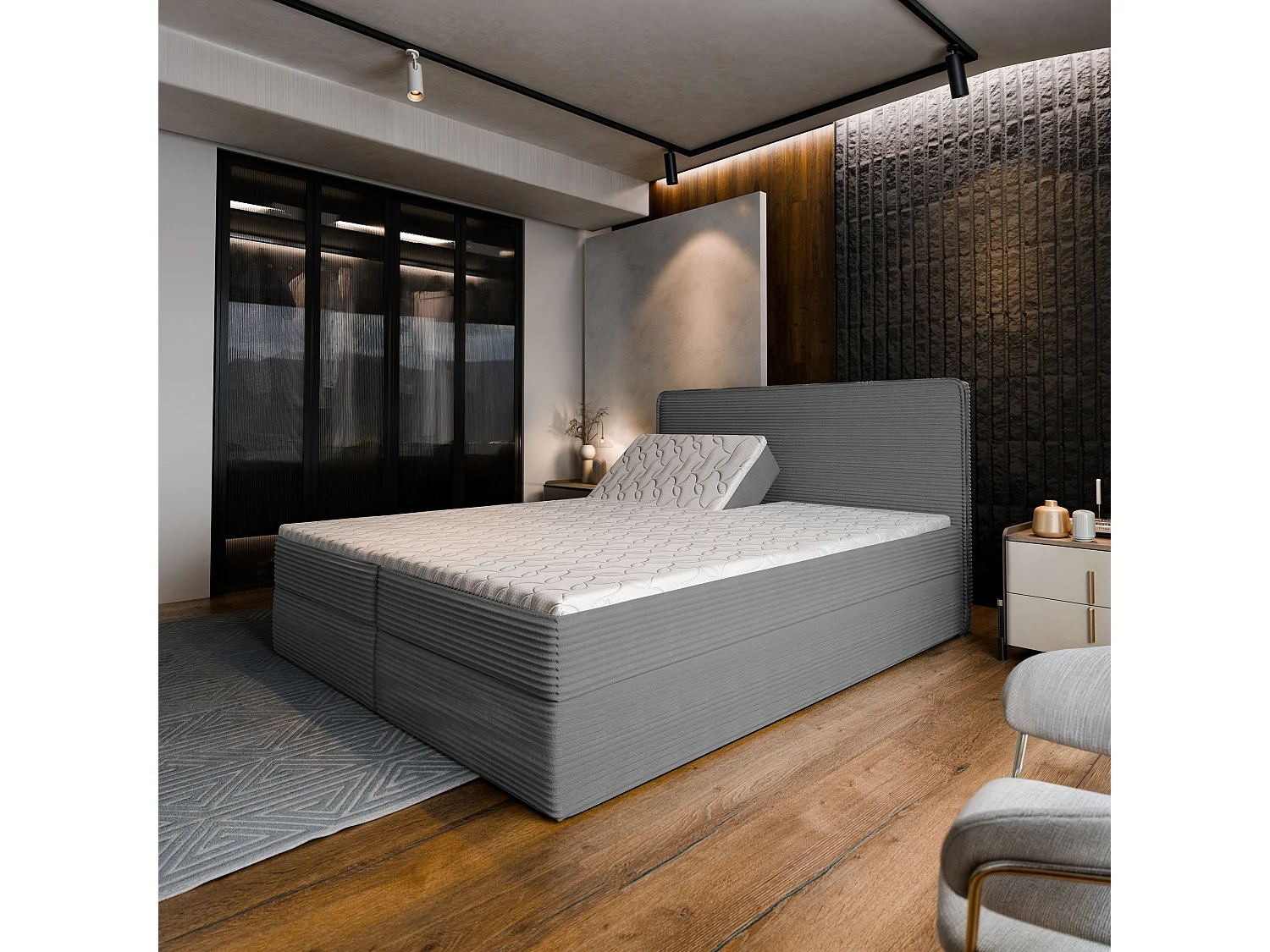 Lit continental ASTOR, 140x200 cm, Tissu en velours côtelé, Gris