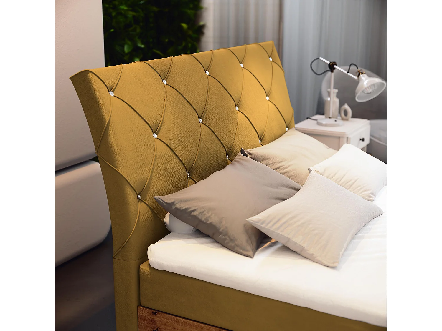 Lit continental VELLANO, 160x200 cm, Tissu pelucheux, Jaune