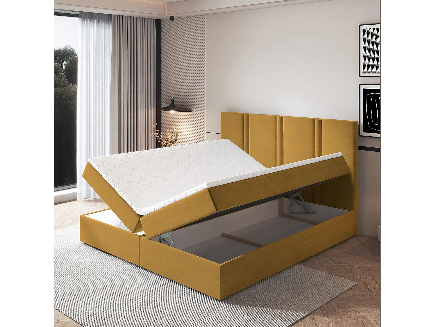 Lit continental LARIO, 140x200 cm, Tissu pelucheux, Jaune