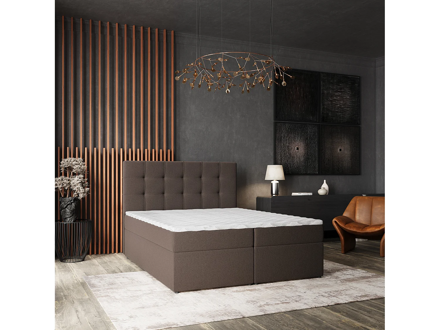 Lit continental PALMA, 140x200 cm, Tissu tressé, Marron
