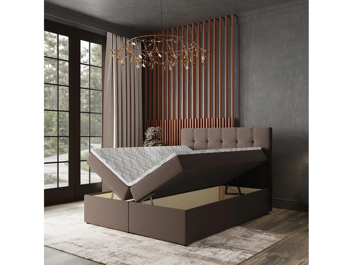Lit continental PALMA, 140x200 cm, Tissu tressé, Marron