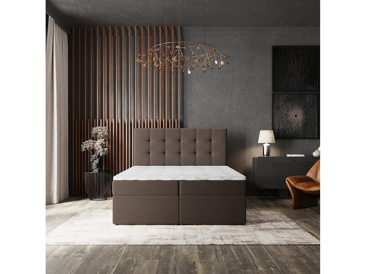 Lit continental PALMA, 140x200 cm, Tissu tressé, Marron