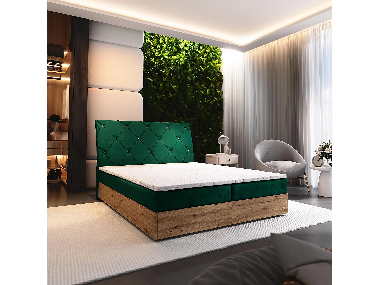 Boxspringbed VELLANO 140x200 cm Set met hoofdbord, bedbodem en matras, Dennengroen