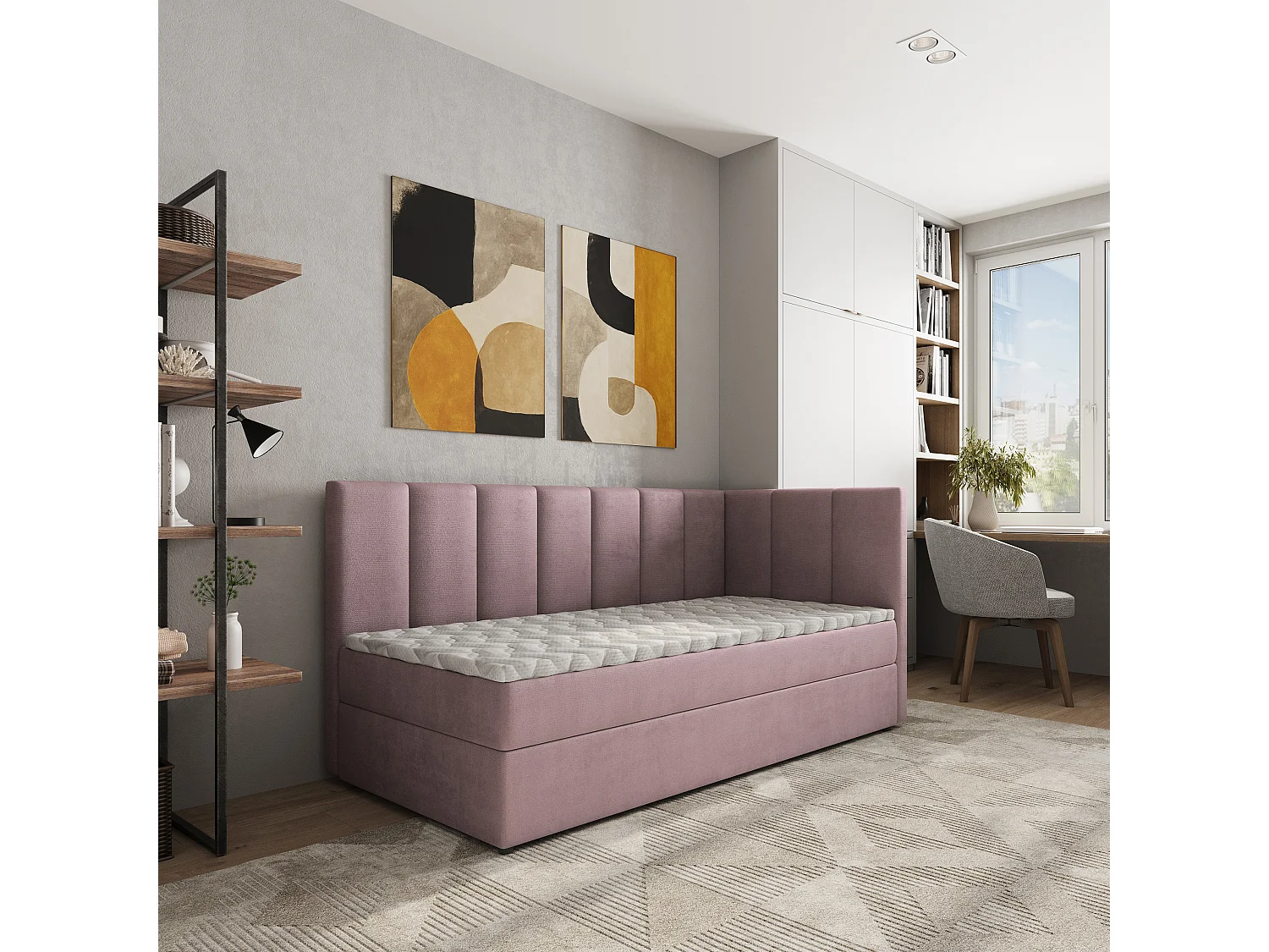 Boxspringbed BEVE 90x200 cm Set met hoofdbord, bedbodem en matras, Poederroze