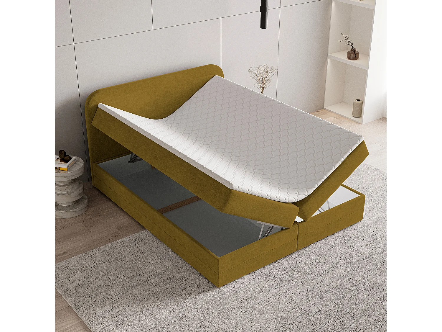 Lit continental ARMEL, 160x200 cm, Tissu velours, Jaune