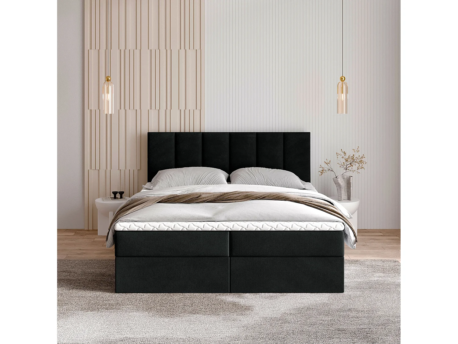 Lit continental MERIL, 160x200 cm, Tissu pelucheux, Noir