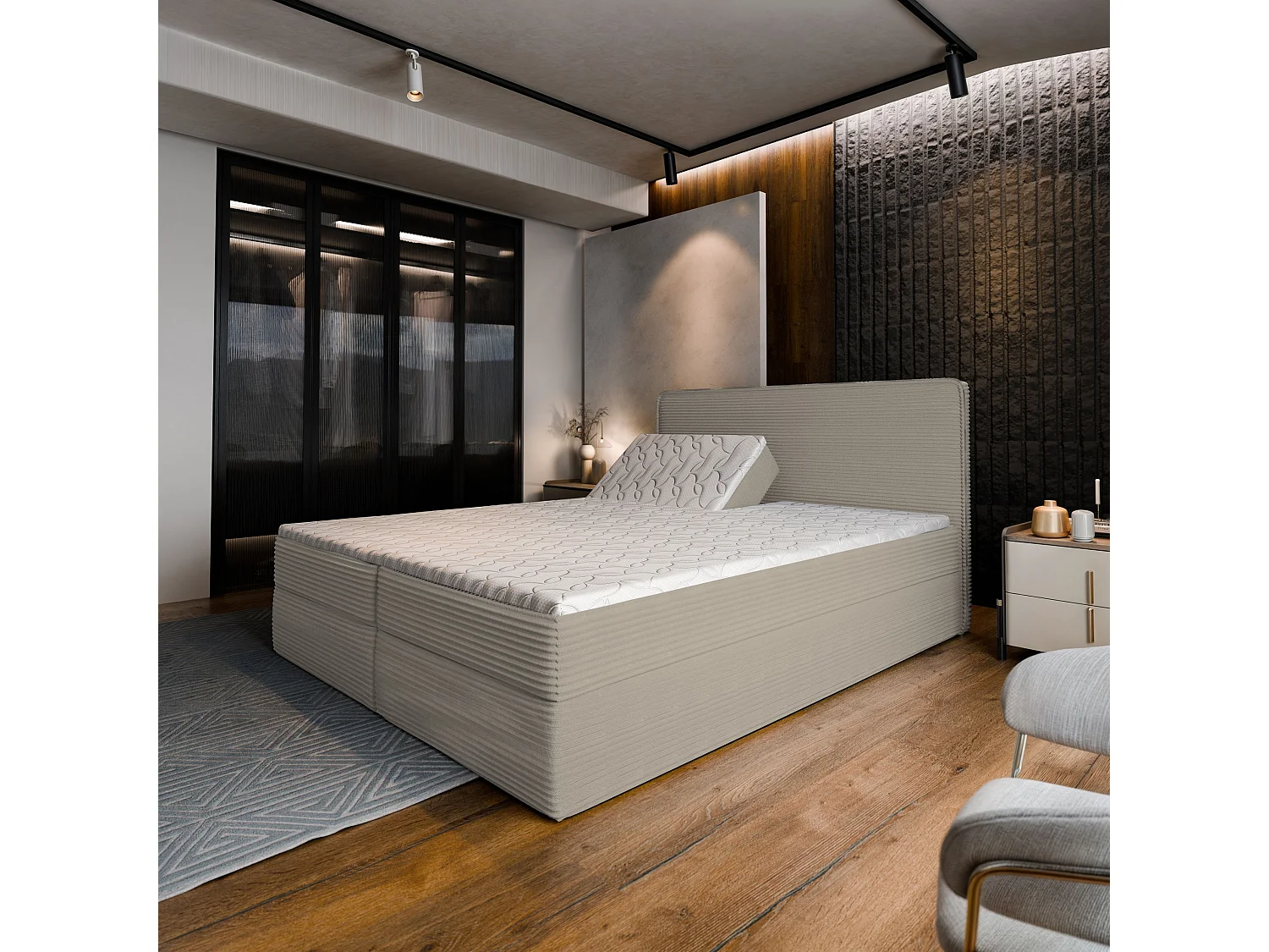 Lit continental ASTOR, 180x200 cm, Tissu en velours côtelé, Beige