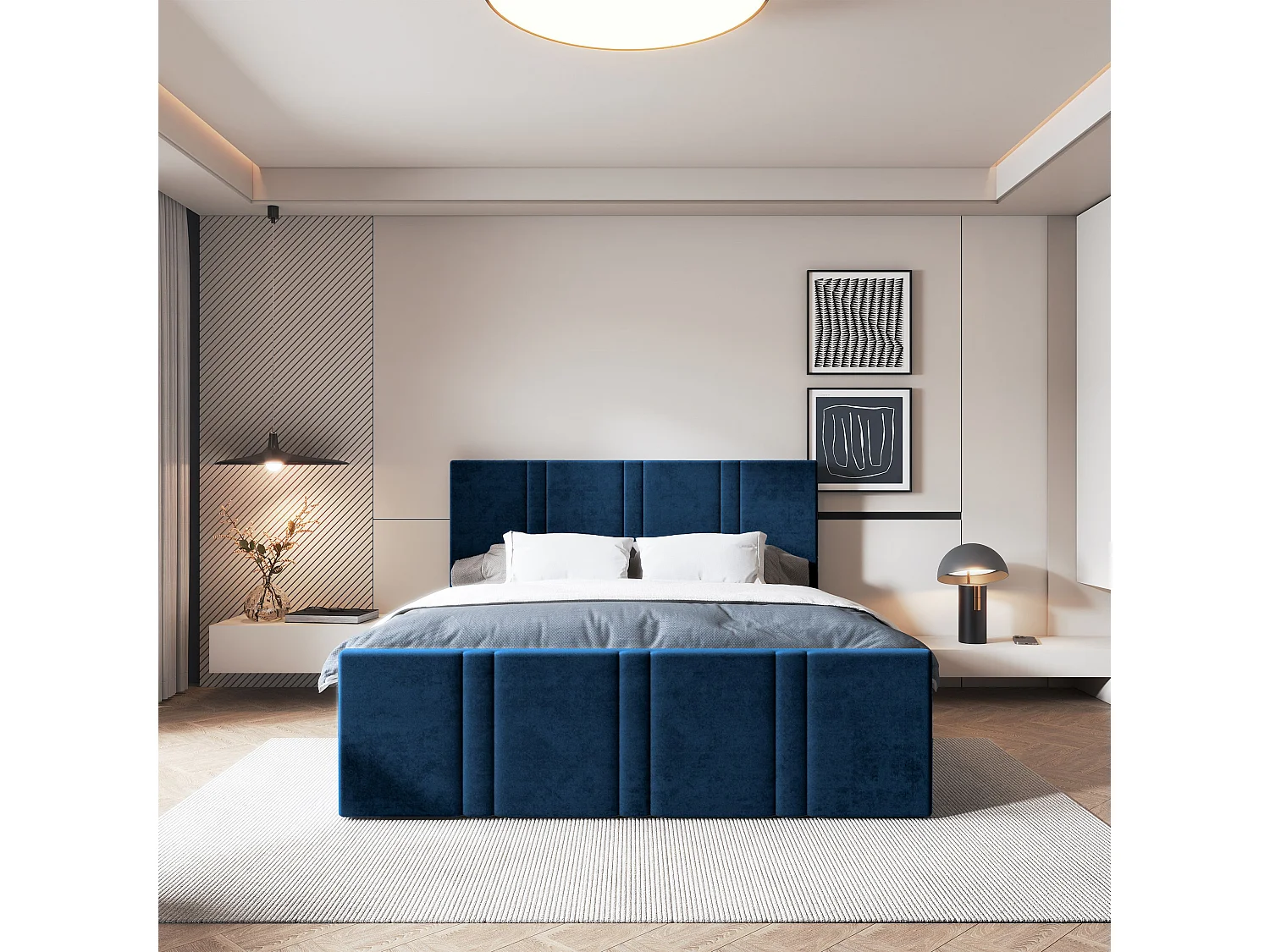 Lit continental COMOZA, 160x200 cm, Tissu pelucheux, Bleu