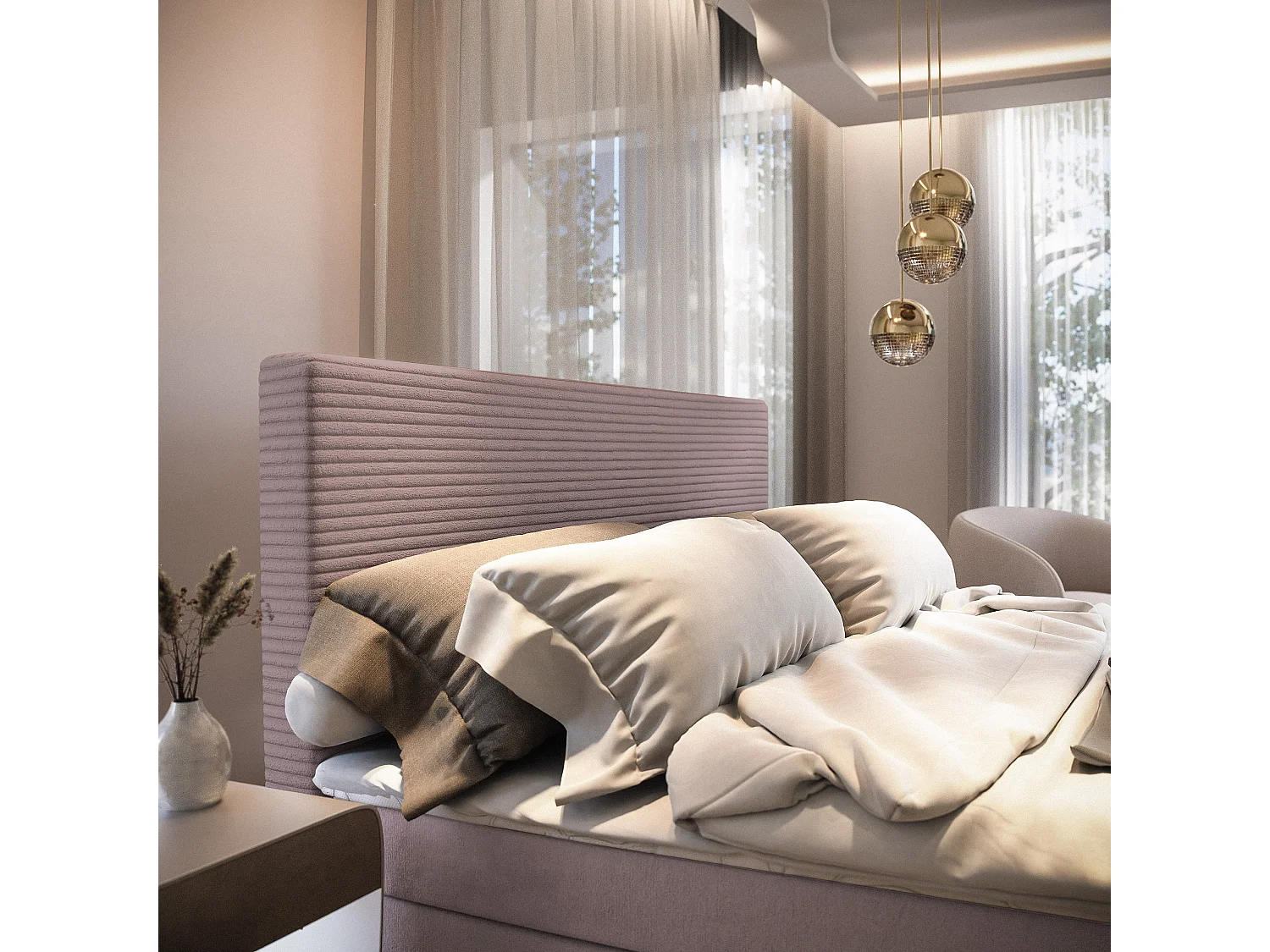 Lit continental GIARRO, 180x200 cm, Tissu pelucheux, Rose