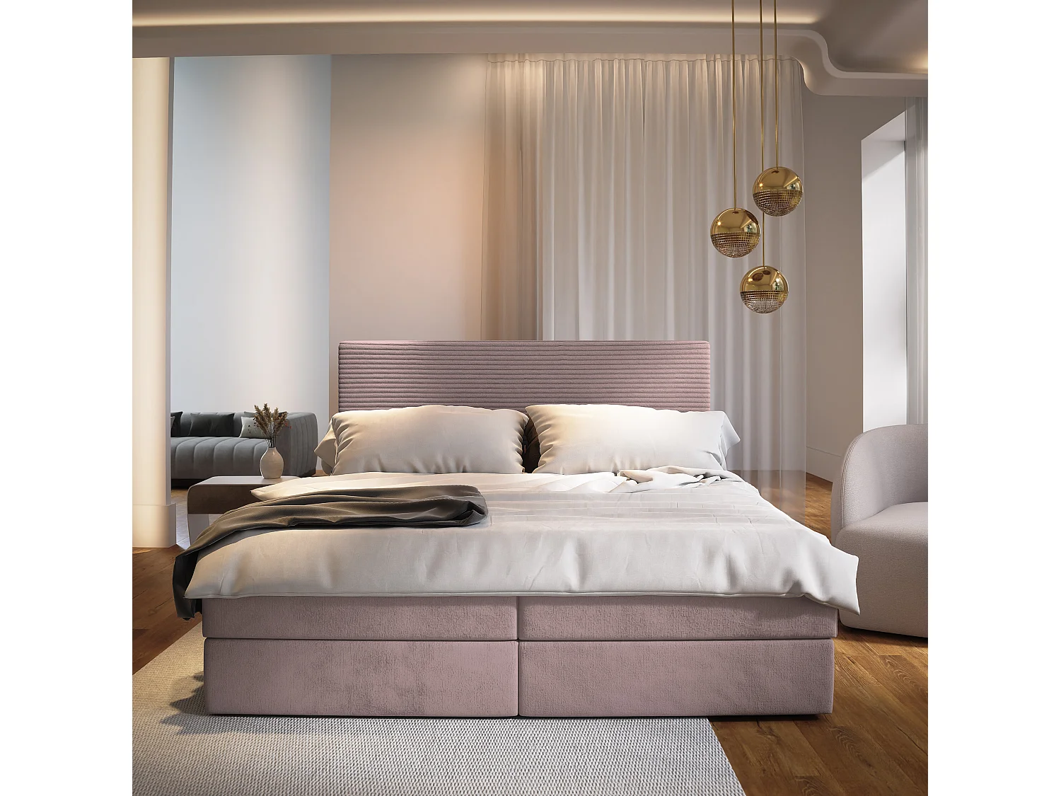 Lit continental GIARRO, 180x200 cm, Tissu pelucheux, Rose
