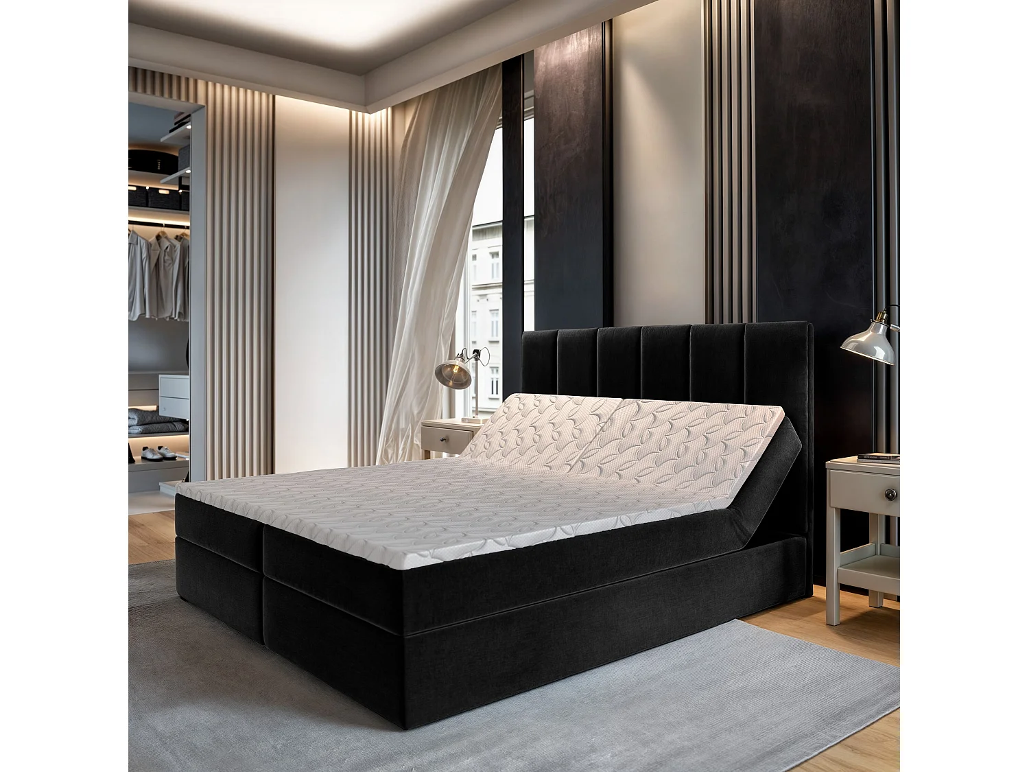 Lit continental BARINO, 180x200 cm, Tissu pelucheux, Noir