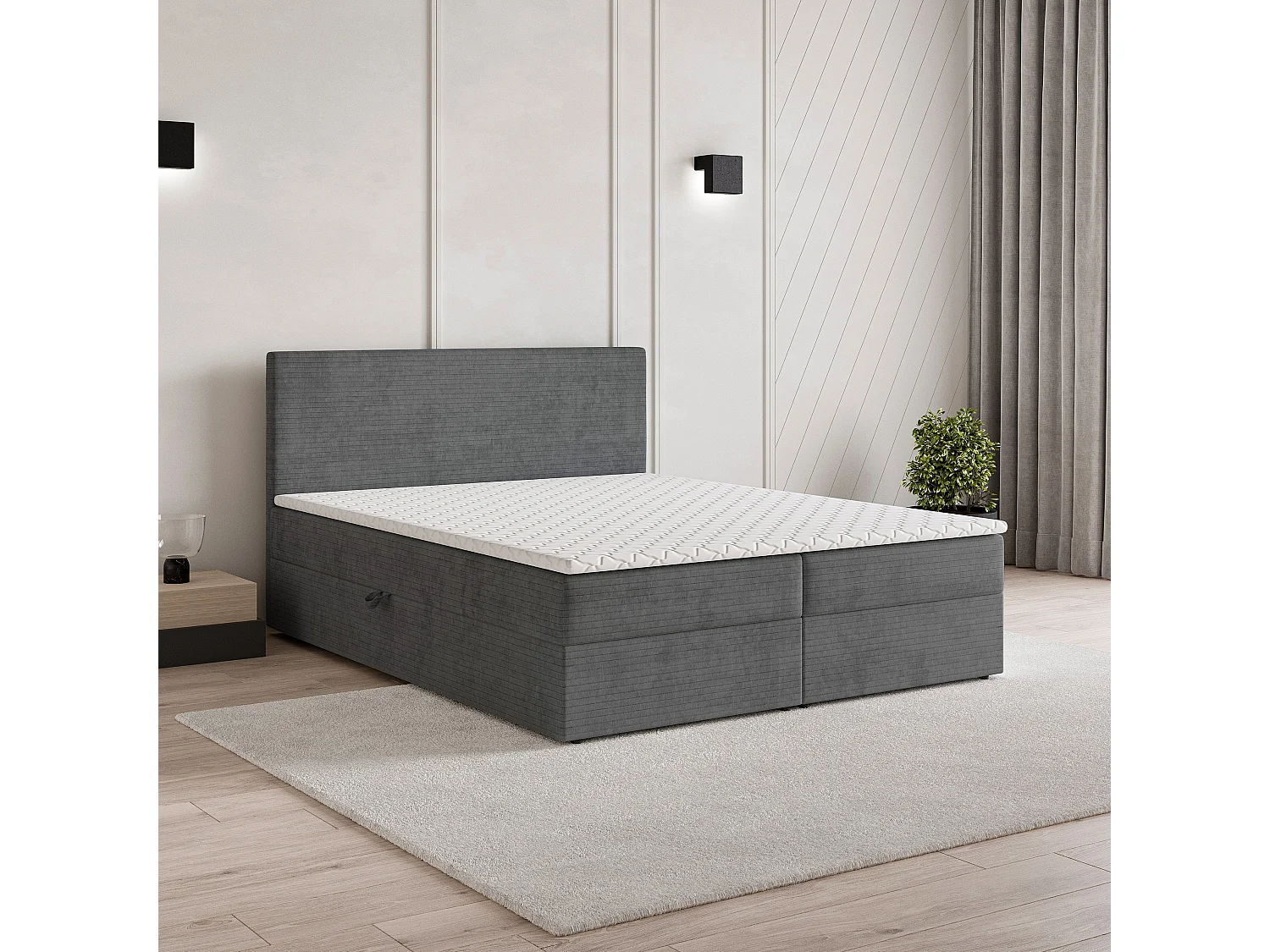 Lit continental NIRA, 160x200 cm, Tissu pelucheux, Gris