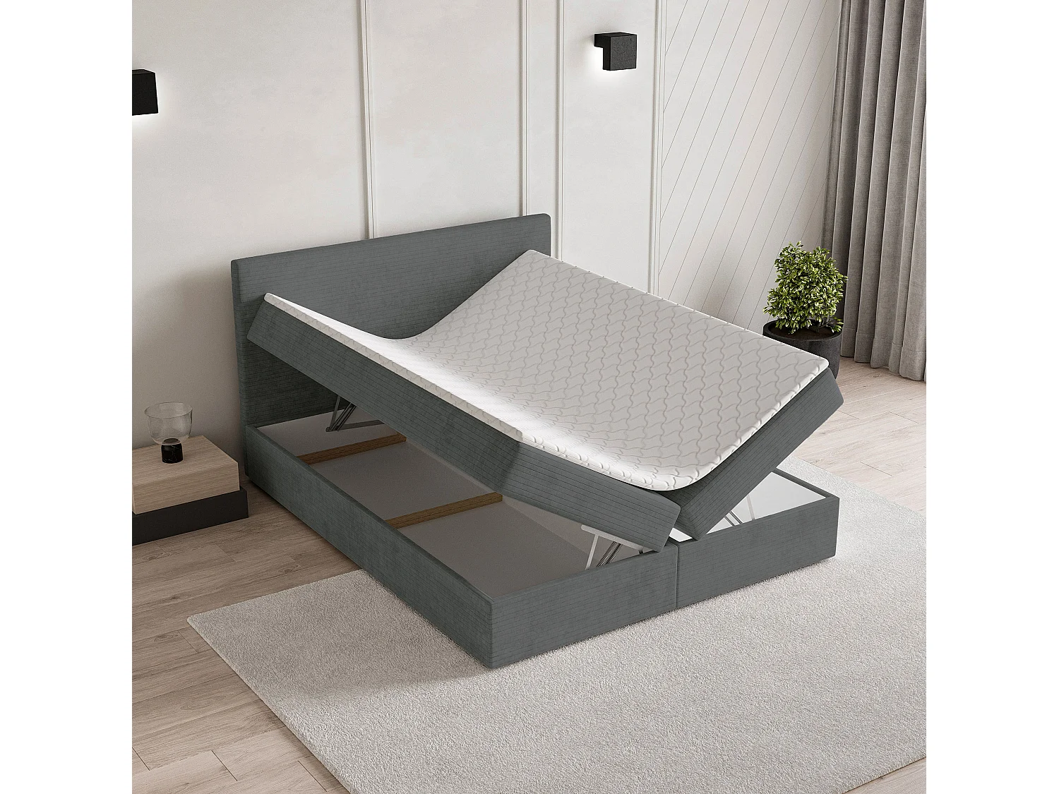 Lit continental NIRA, 160x200 cm, Tissu pelucheux, Gris