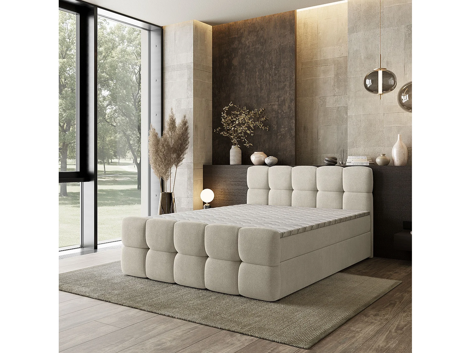 Boxspringbed BRUME 180x200 cm Set met hoofdbord, bedbodem en matras, Crème